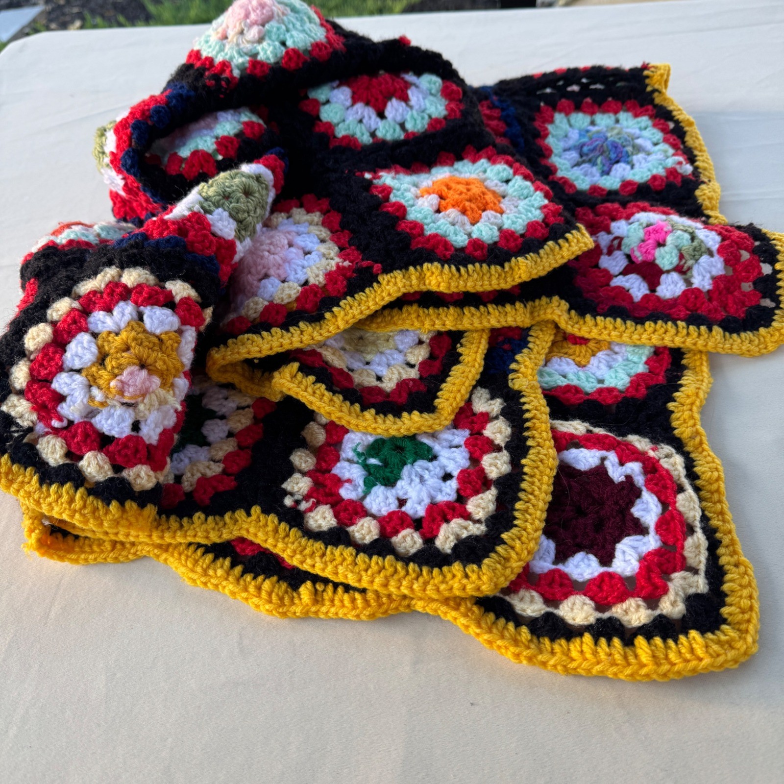 vintage Crochet Blanket 31×36″ Multicolor Granny Square Boho Cottagecore Retro