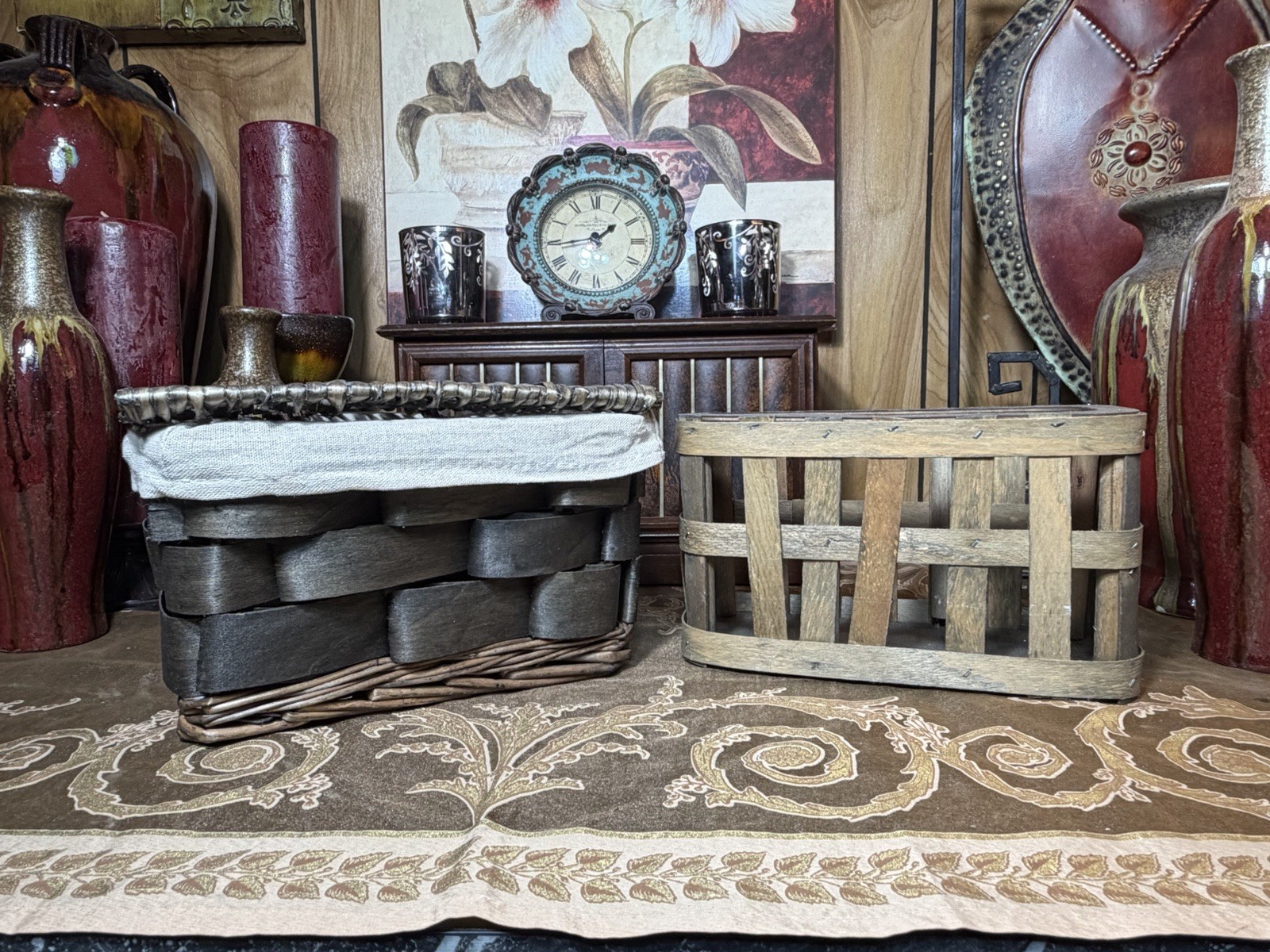 Rustic Wood Basket Set 2 Farmhouse Storage Crate Primitive Decor
