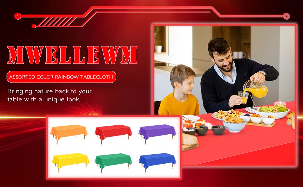 Mwellewm 6Pcs Plastic Table Cloth Disposable, Assorted Color Rainbow Tablecloth