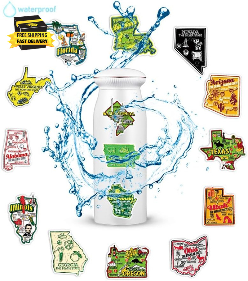 50Pcs United States Map Stickers – Waterproof Vinyl Removable No Residue Sticker