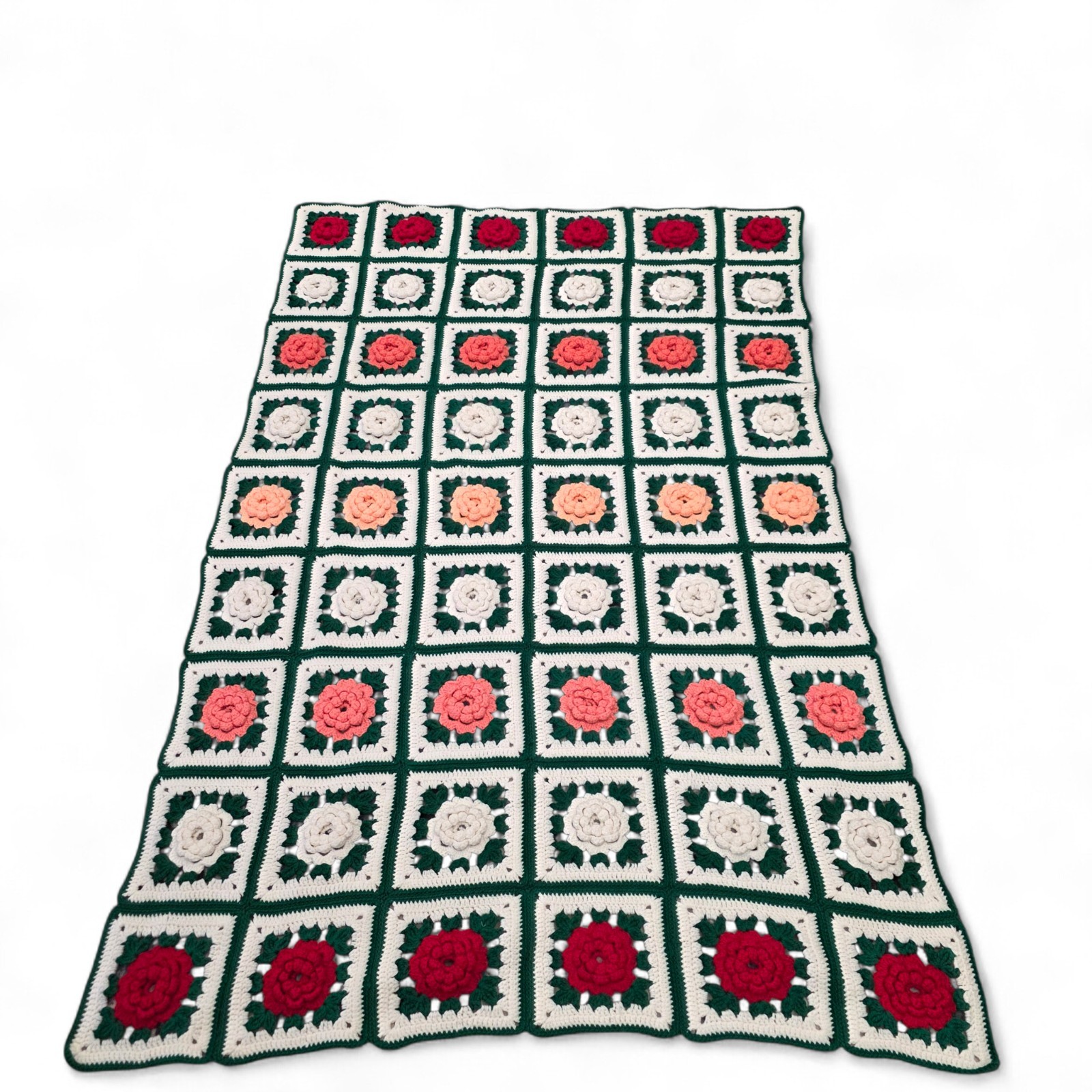Handmade Crochet Knit Throw Granny Blanket 3D Afghan Roses Square Floral Cottage