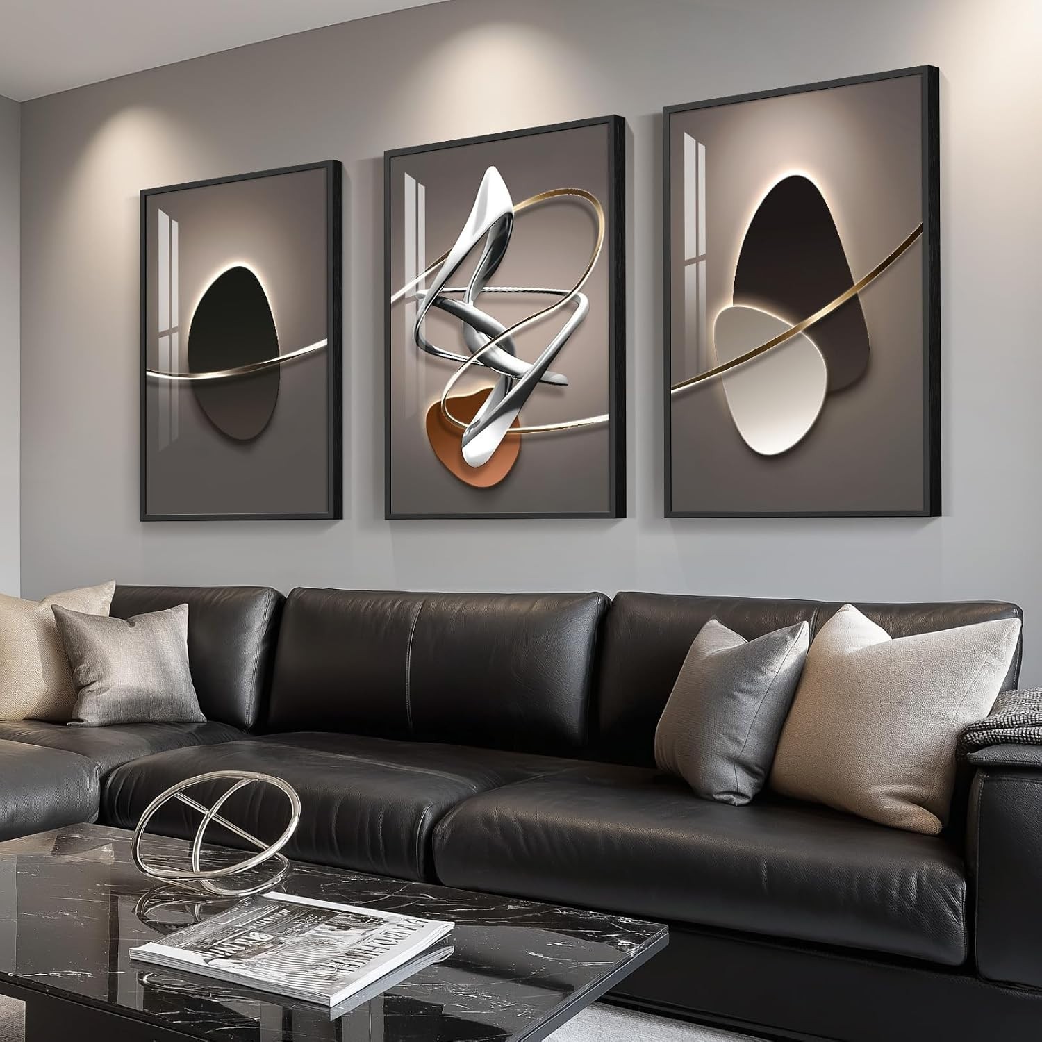 Framed Large Modern Abstract Wall Art for Living Room, Large 3 Piece Black an…