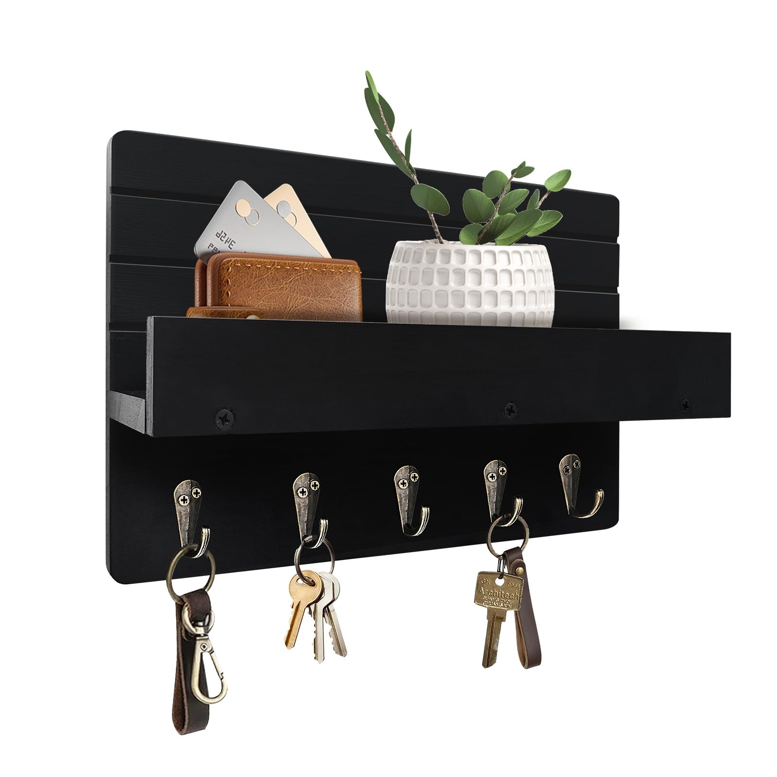 KISENG Key Holder Wall Mount, Rustic Key Hooks for Wall with Shelf for Mail