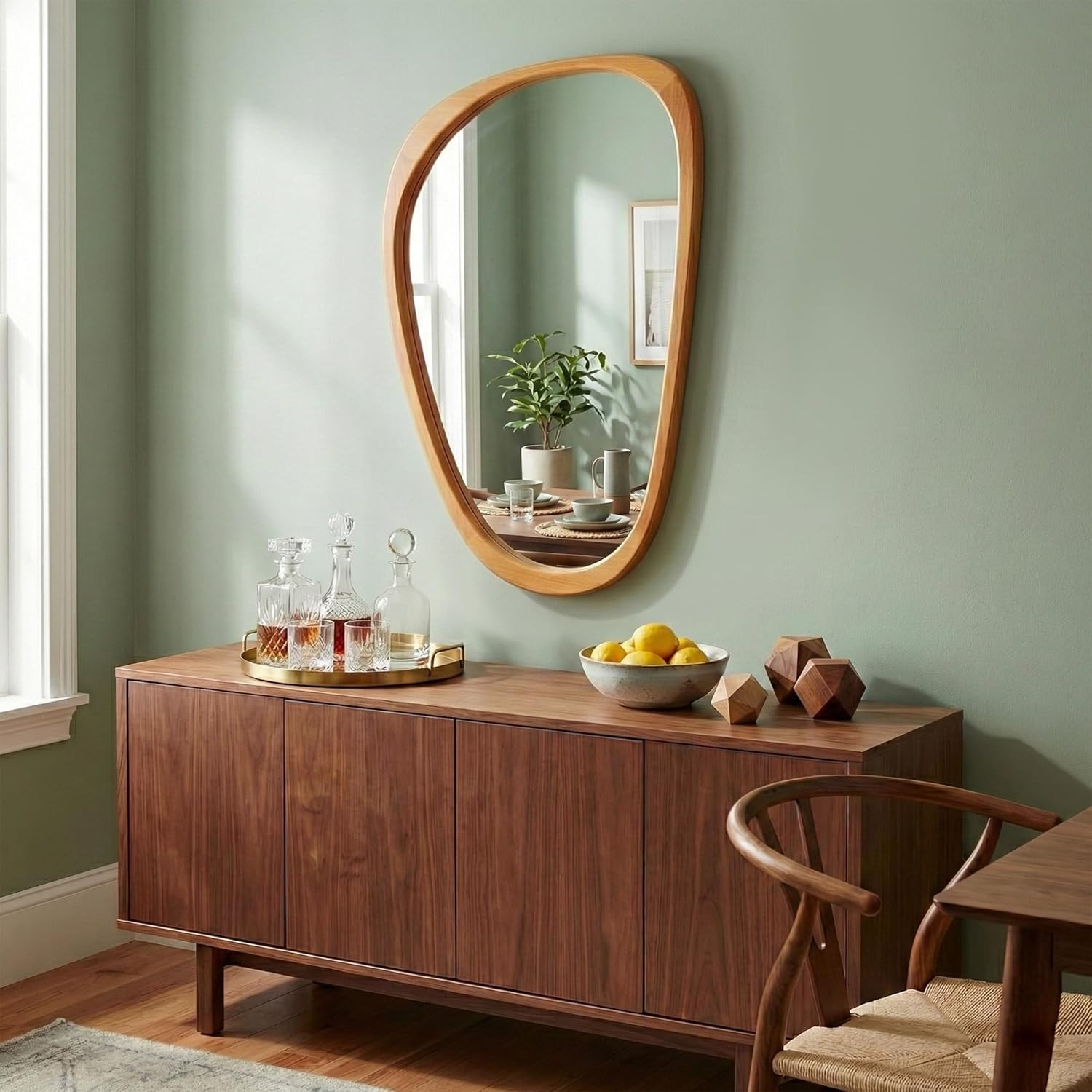 Asymmetrical Solid Wood Mirror – Japandi Boho Natural Accent in Warm Walnut