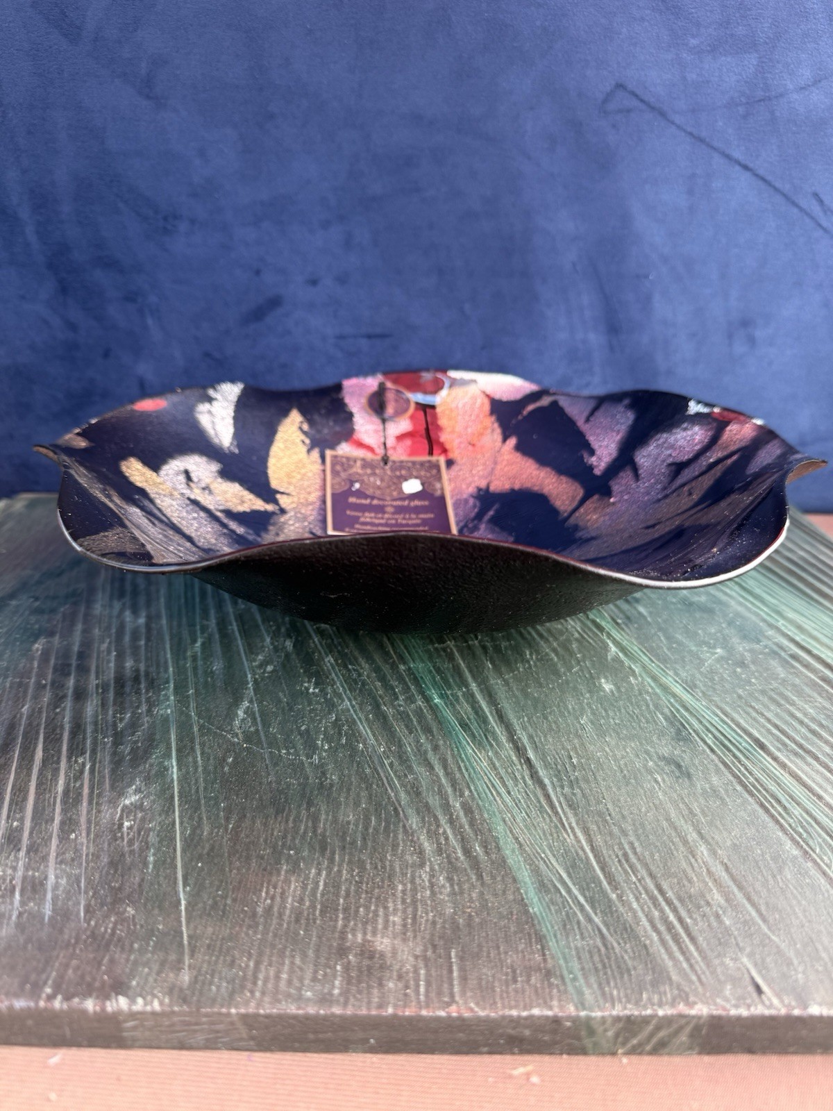 Hand Painted Glass Bowl 12.5″ Art Bowl Made in Turkey W/Tags Blue W/Gold Paint