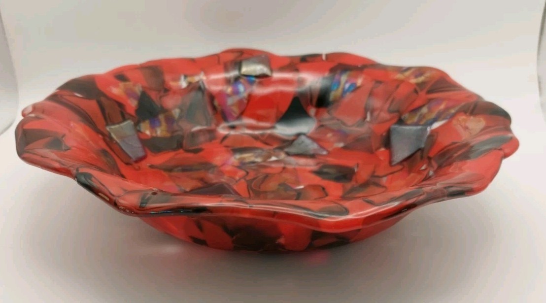 Handcrafted Fused Glass Decorative Bowl – Red & Black with Sparkle – 10″ Round
