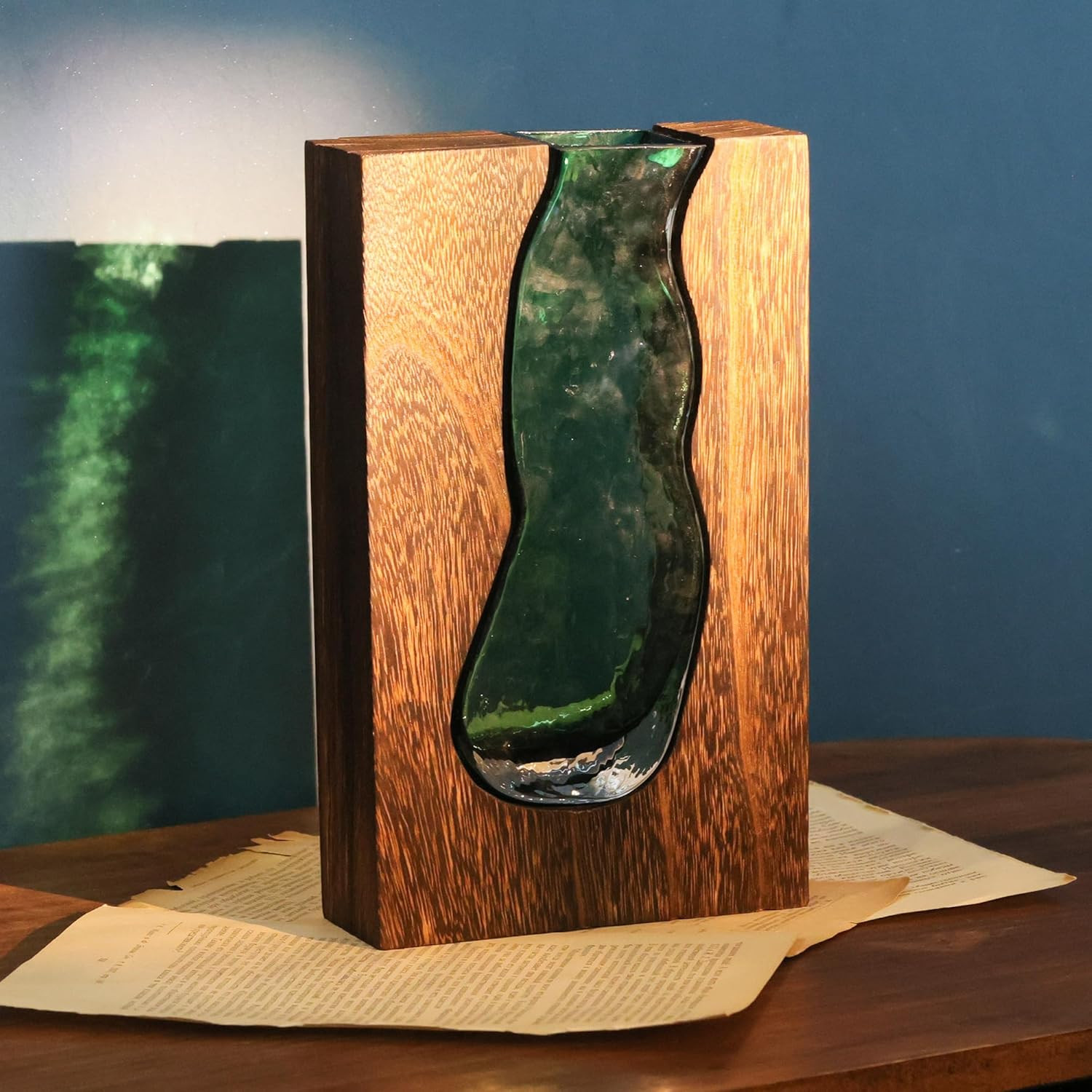 Wood and Glass Inlay Vases Farmhouse Wooden Glass Flower Vase Solid Wood Glass V