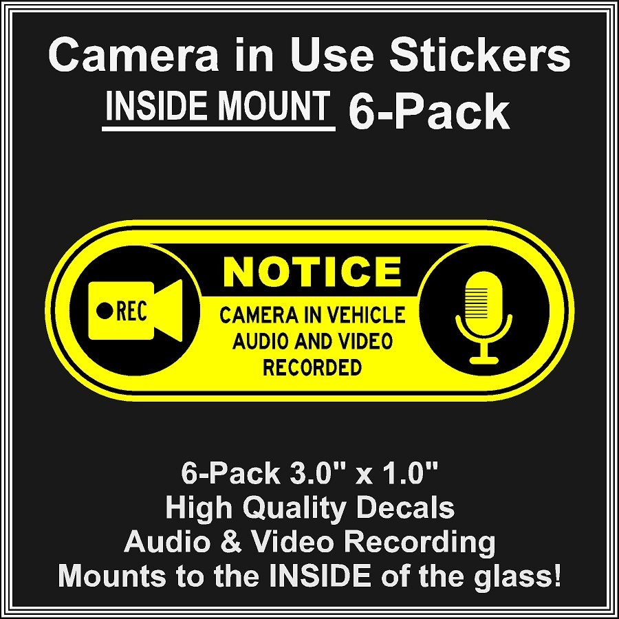 Camera in Car Recording Video 6-Pack INSIDE MOUNT Decals Black Yellow 3″ x 1″