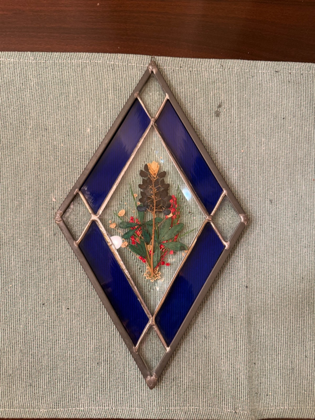 Vintage Diamond Shaped Suncatcher w/Pressed Flowers Colbalt Blue 12″x7″