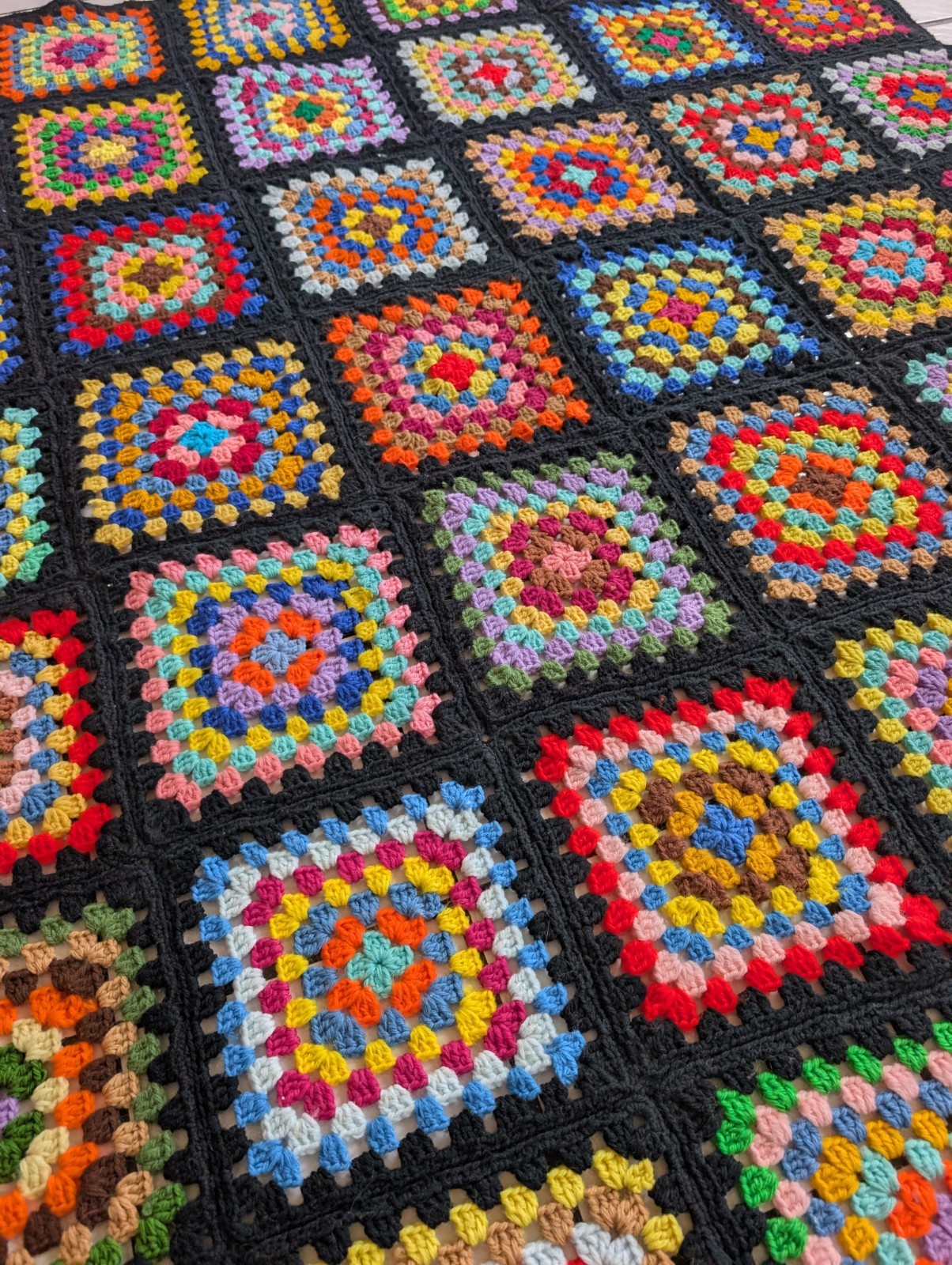 Handmade Granny Square Crochet Blanket Afghan Colorful Vintage Neon Retro 62×69