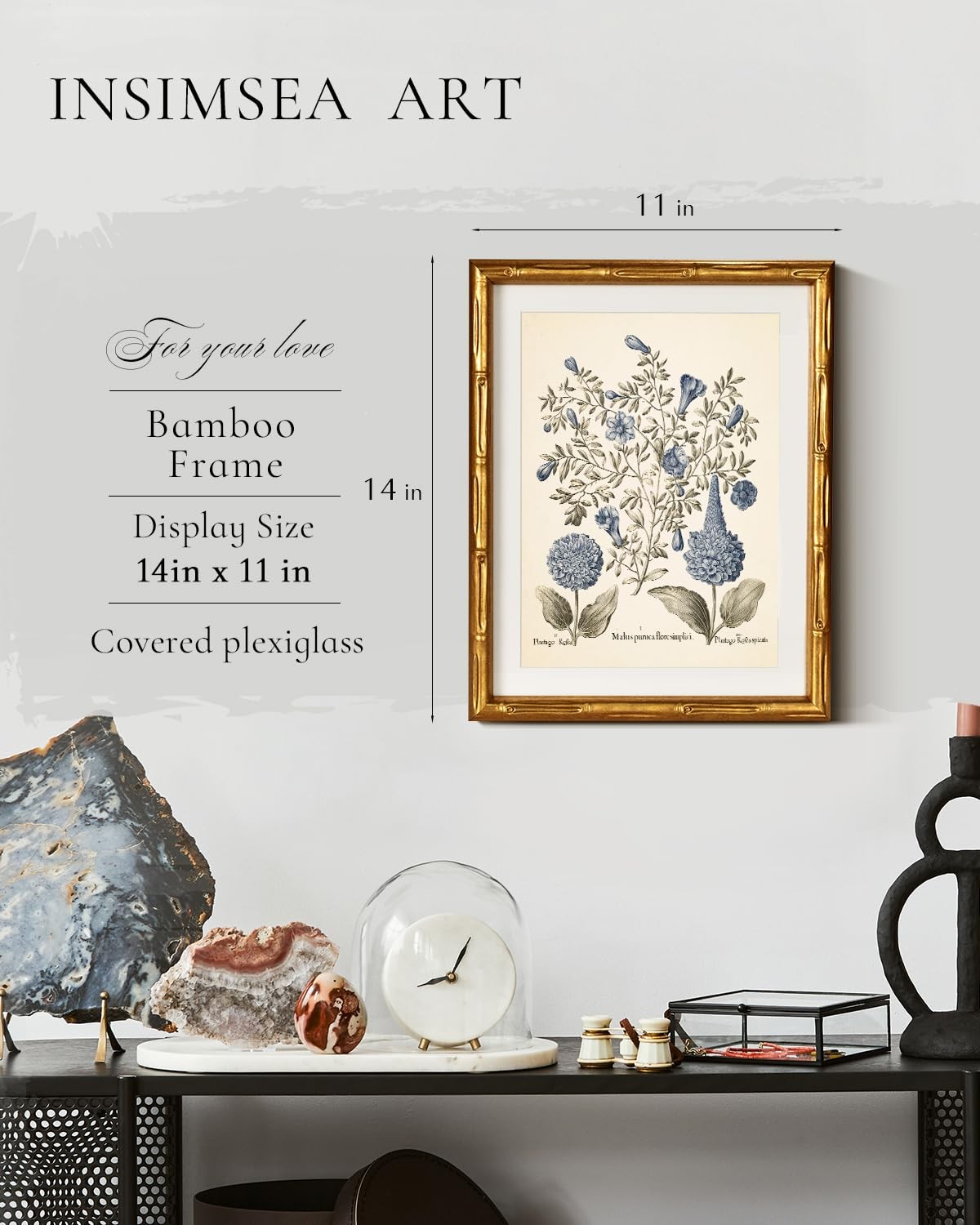 InSimSea Gold Bamboo Framed Canvas Wall Art, 14″L x 11″W, Blue Hydrangea