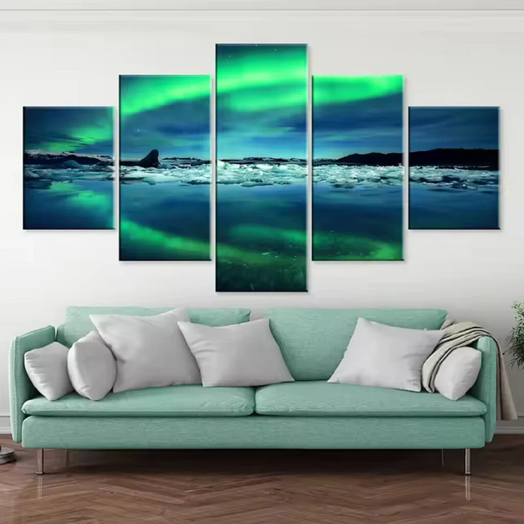 Aurora Borealis Northern Lights Sky Lake View 5 Piece Panel Canvas Wall Art
