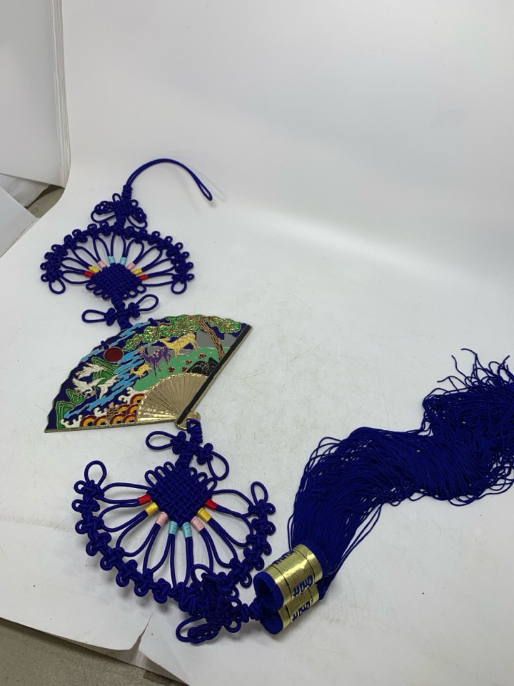 ASIAN STYLE METAL FAN W/ SCENE BRAIDED ROPE.