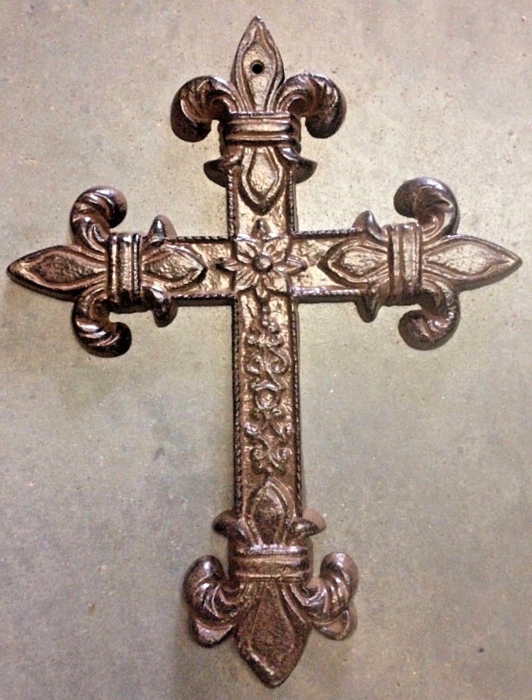 Large FLEUR DE LIS CROSS Antique Brown Patina Finish for wall mounting 9″ x 12″