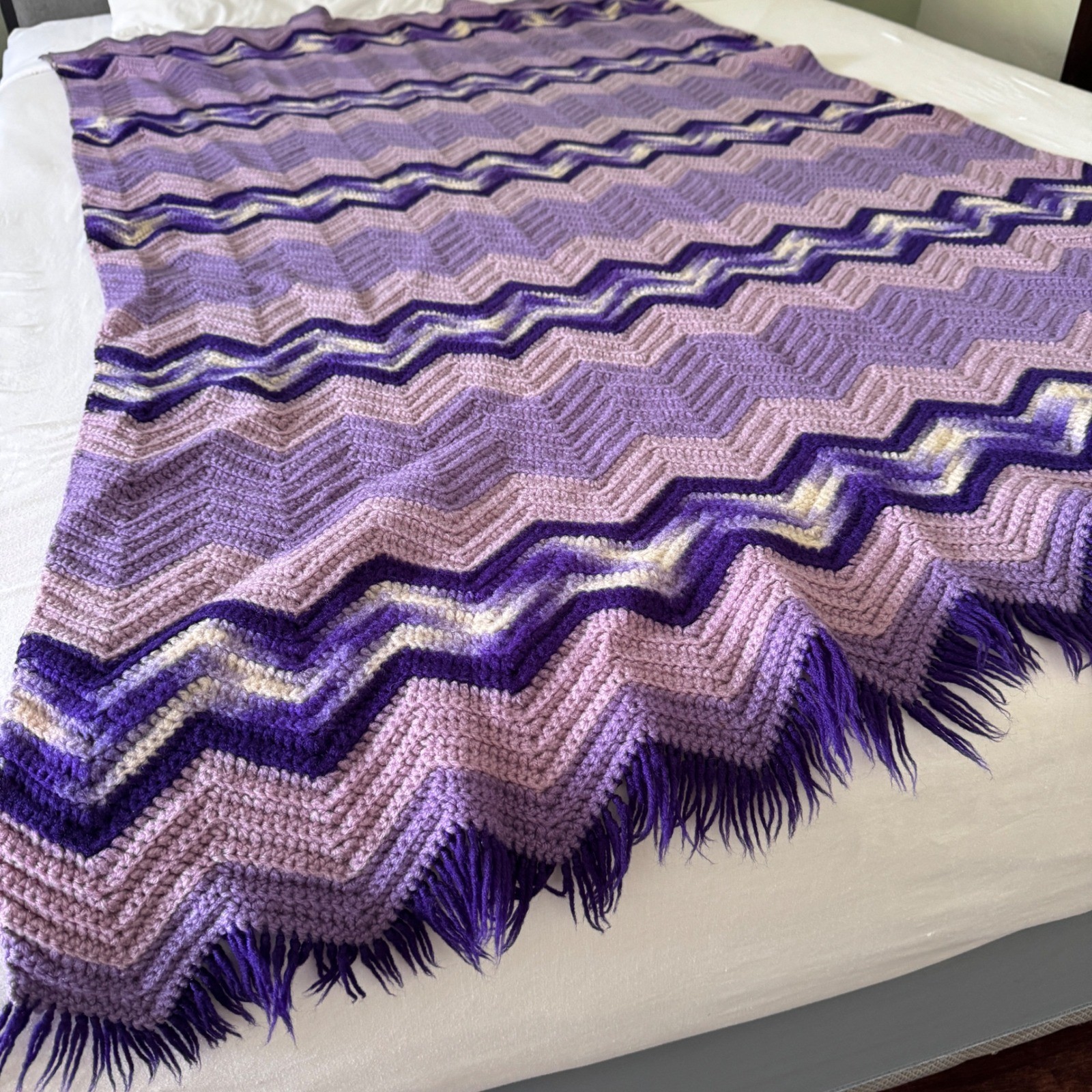 Vintage Handmade Crochet Purple Chevron Ripple Afghan Throw Blanket with Fringe