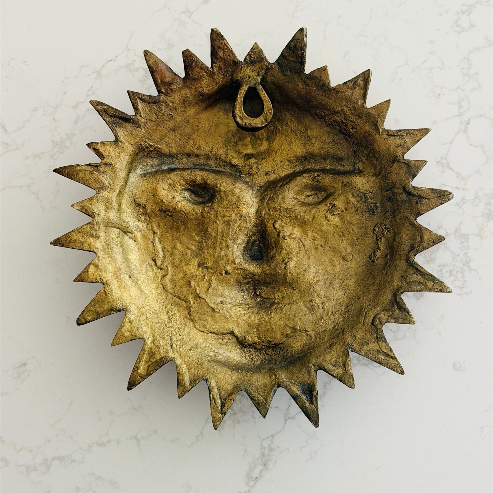 Vintage Celestial Sun Face Wall Plaque Cast Brass Metal With Patina 8″ Diameter