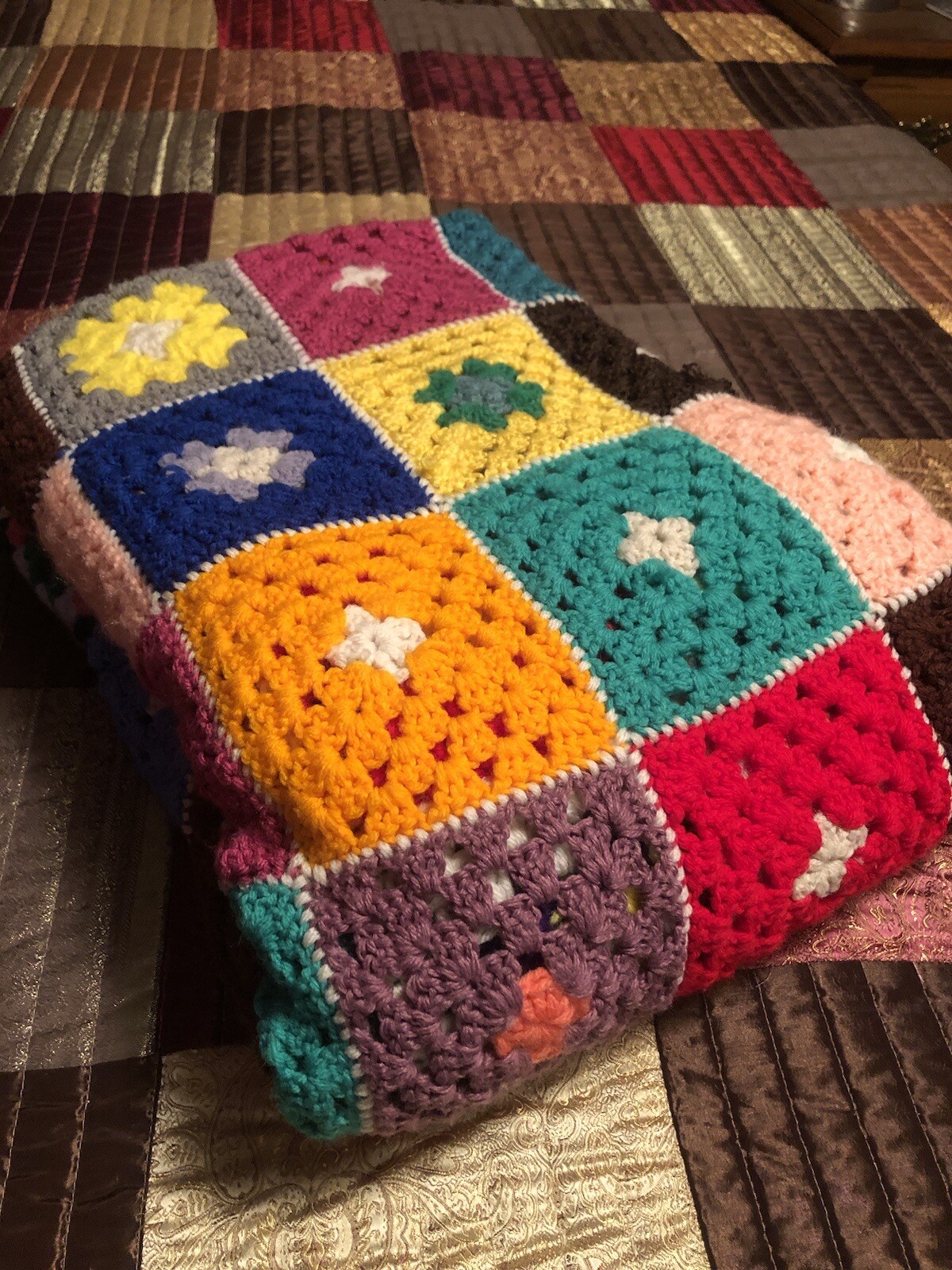 6780 ROSANNE Hand Crocheted Throw Spread Afghan Colorful Granny Square 58” X 76”