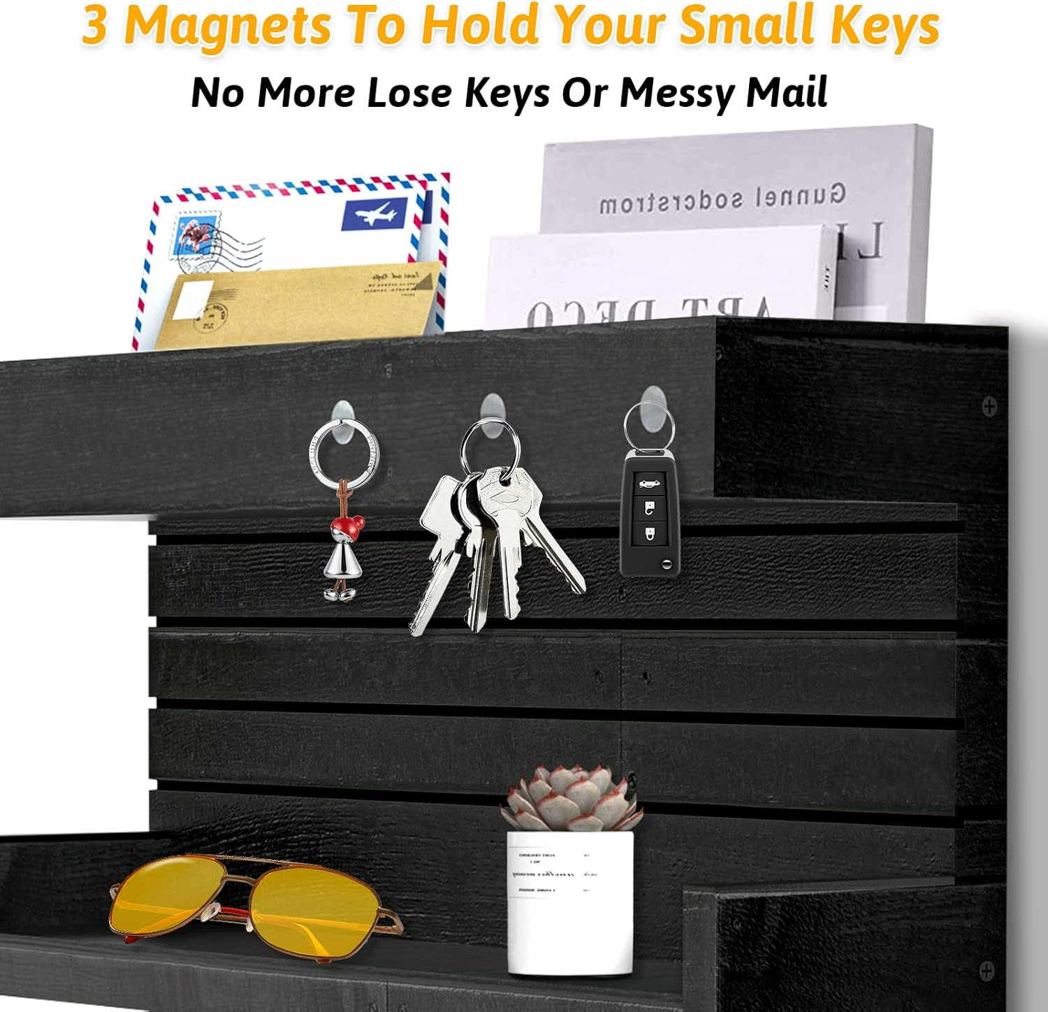 Key Holder for Wall Decorative Wall Mounted Mail Holder with 4 Key Hooks, Wooden
