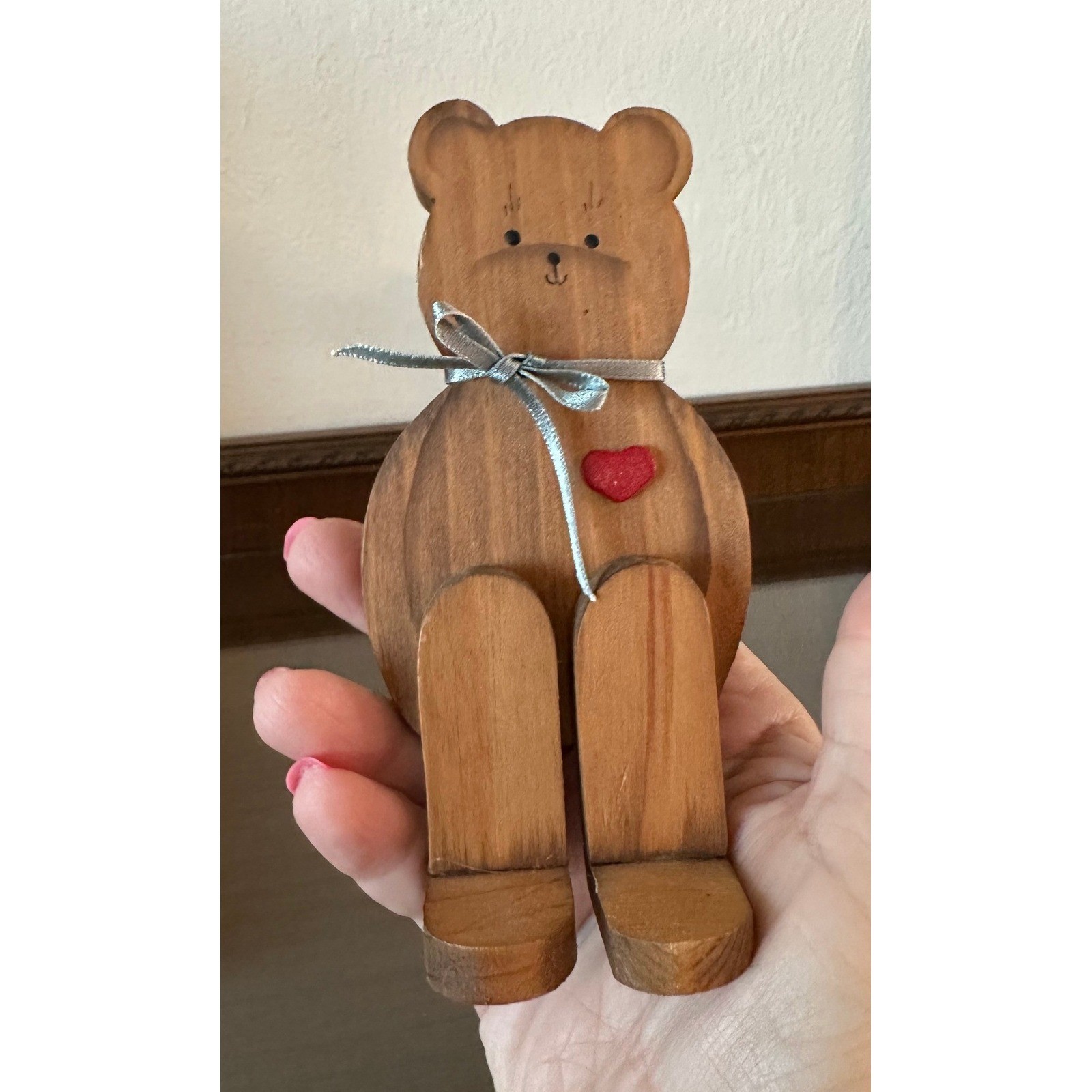 Crafty Folks Vintage Wooden Teddy Bear Shelf Sitter Figurine with Heart & Bow