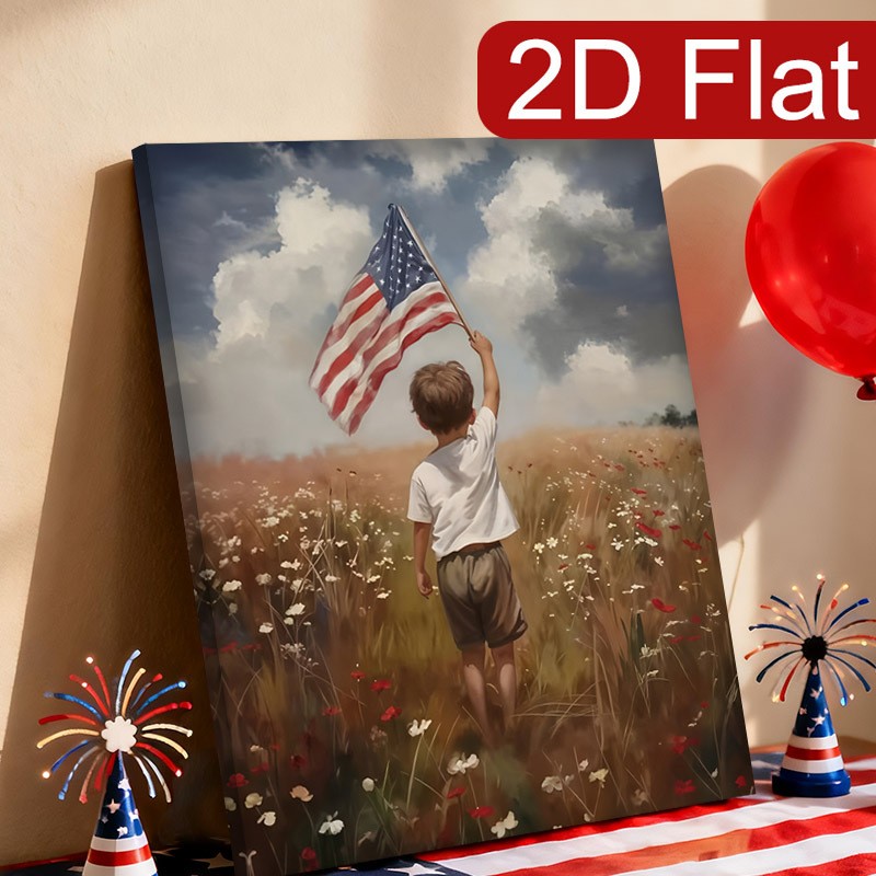 Boy Holding American Flag in Wildflower Field Canvas Wall Art, Patriotic Decor