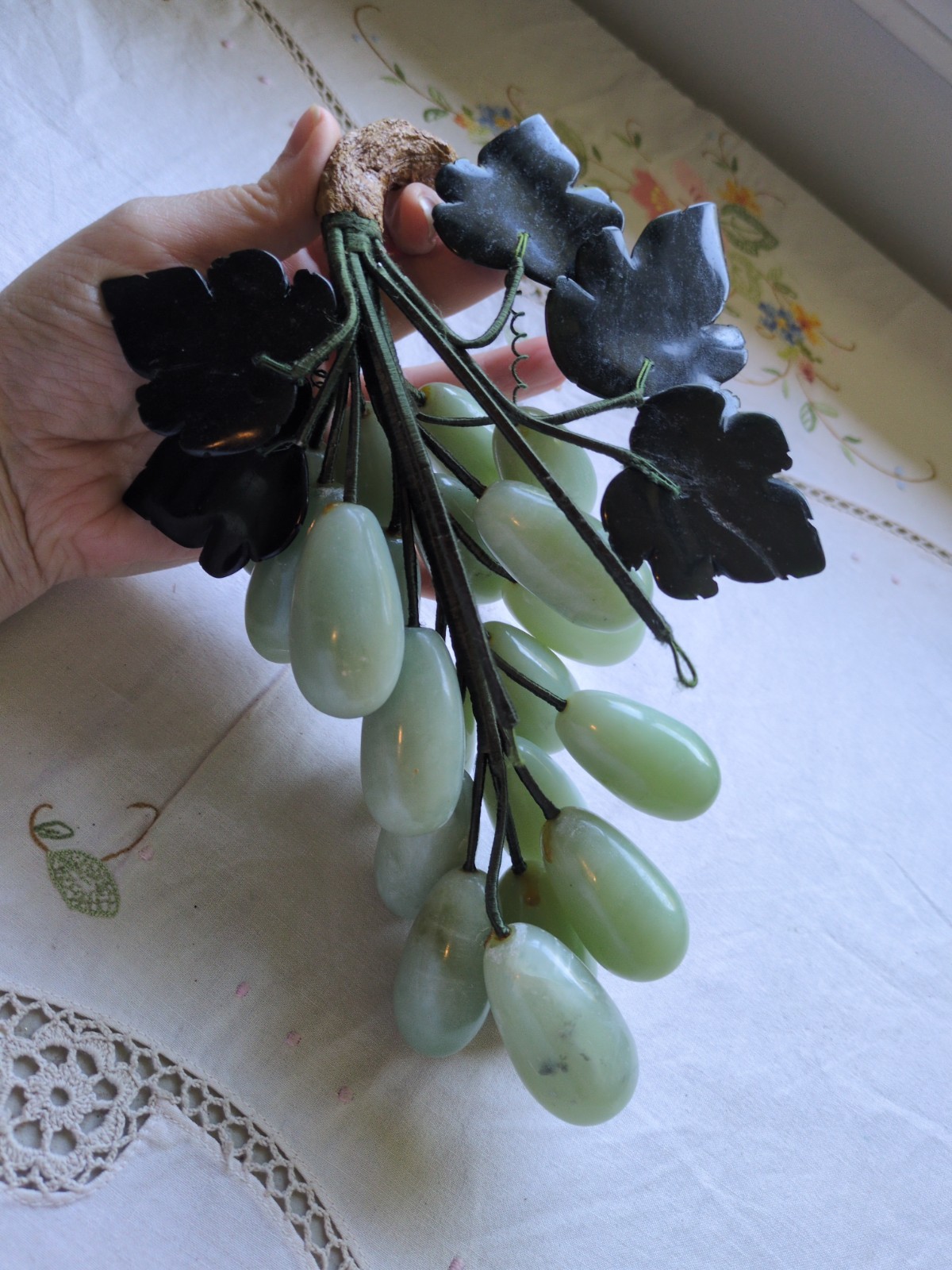 Vintage 1960’s Carved Celadon Green Genuine Jade Grapes Cluster 9.5″