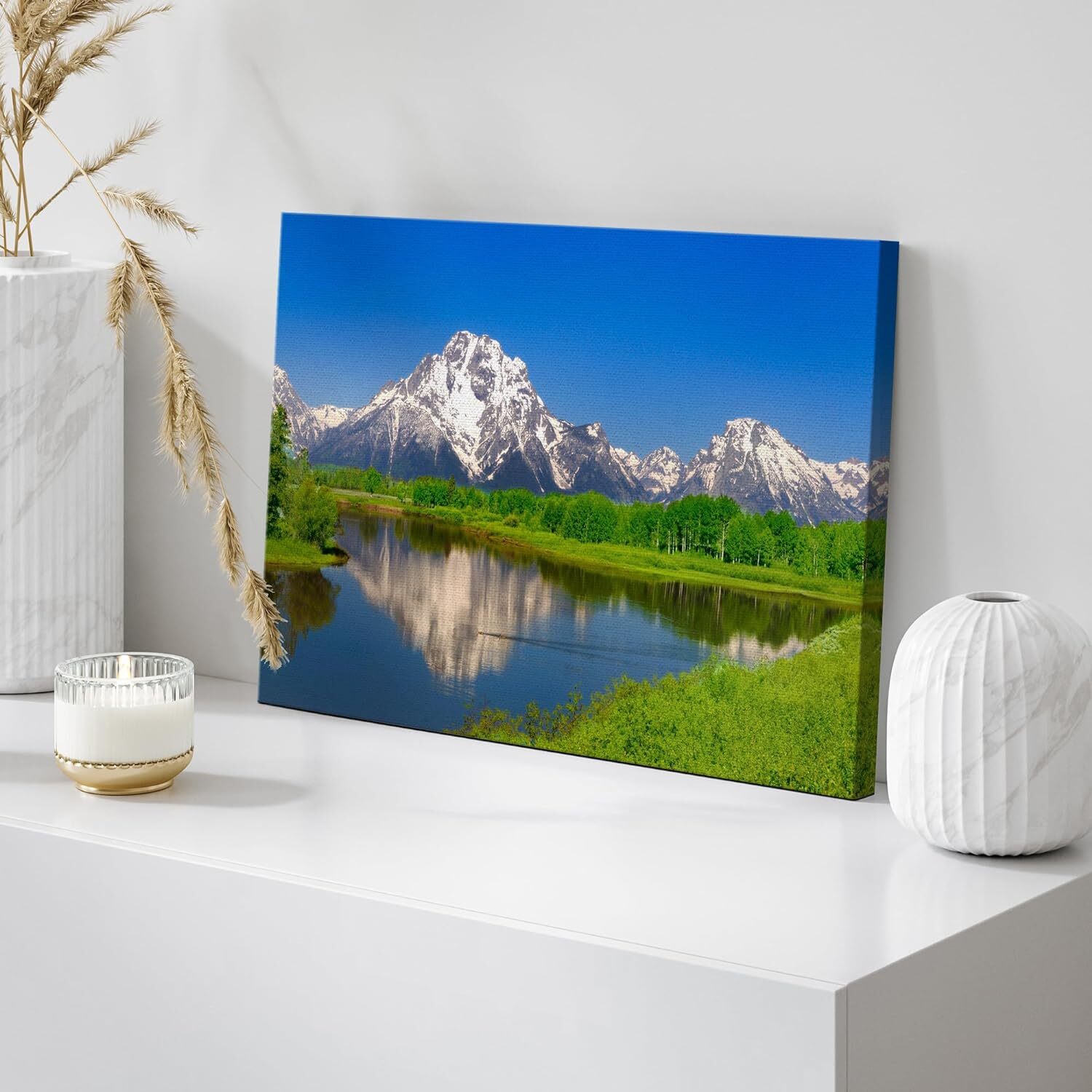 Wall26 View of Snow Mountain & Green Forest & Lake Wall Art Photo Canvas Print