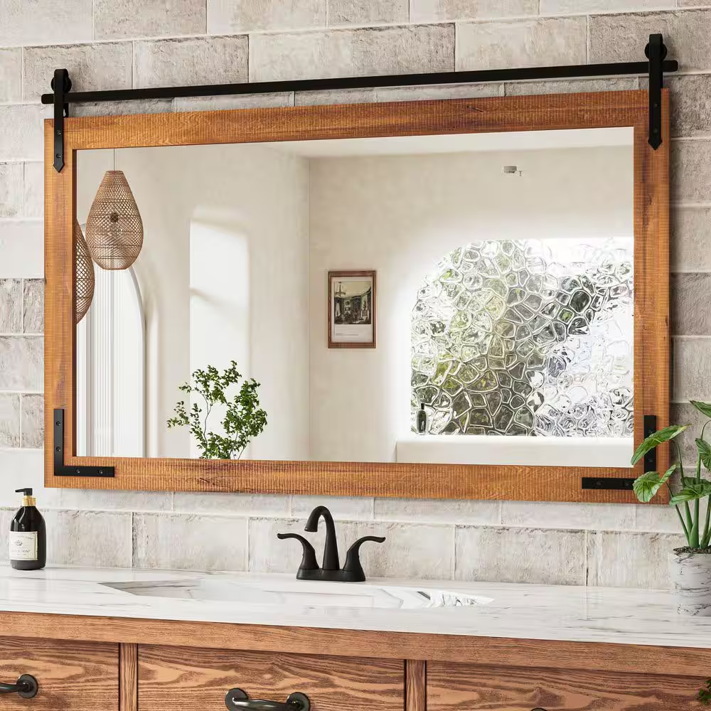 45 In. W X 30 In. H Rectangular Barn Door Brown Mirrors Wood Framed Mirror Farmh