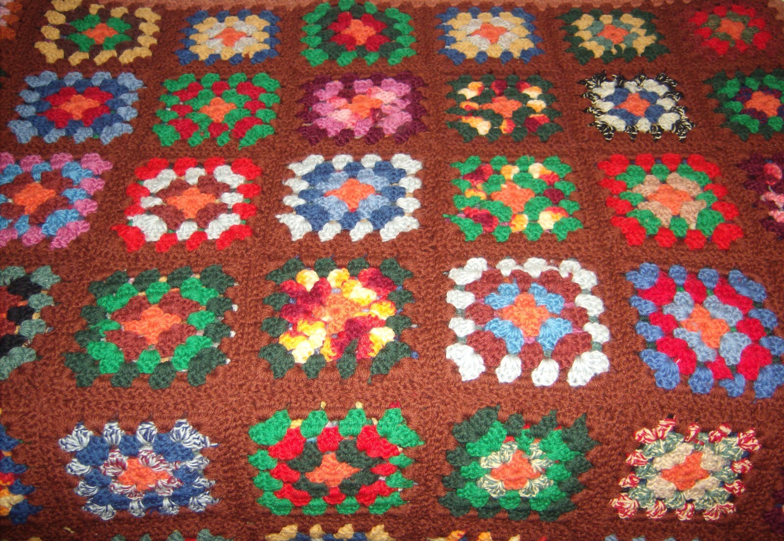 VTG Crochet Granny Square Roseanne Brown Multicolor Afghan Throw Blanket 66”x82”