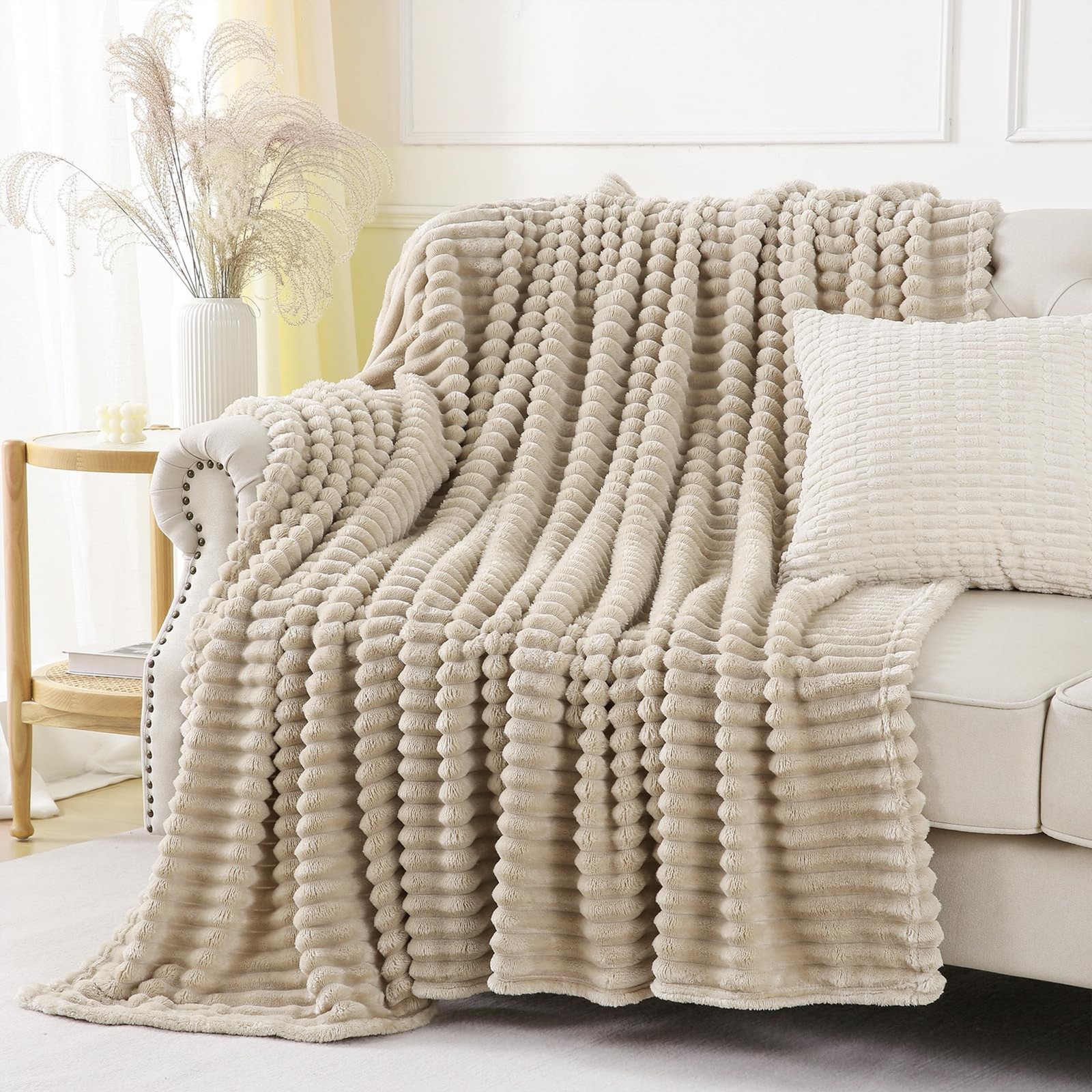 Khaki Throw Blanket for Couch Sofa 50×60 inches Striped Fleece Blankets Room Hom
