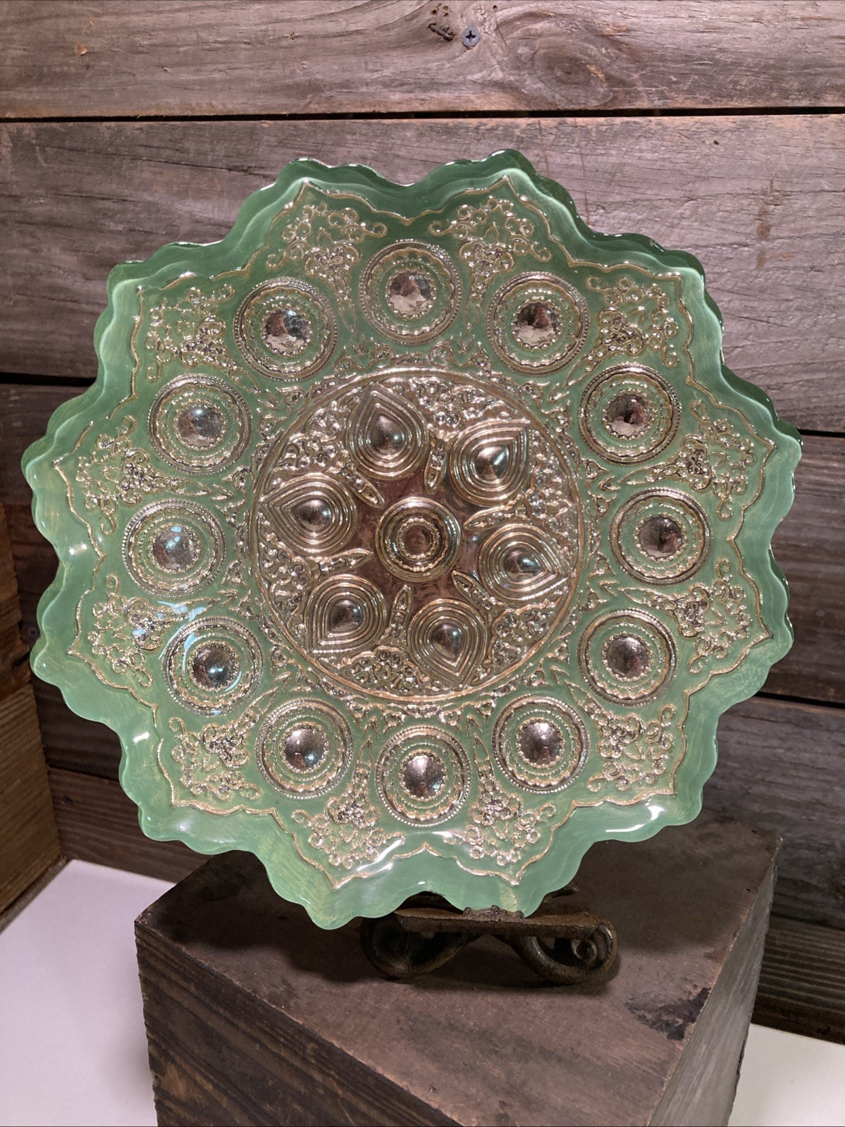 Vintage Glass Bowl With Teal Green & Silver, EFE GLASS 9” Turkish