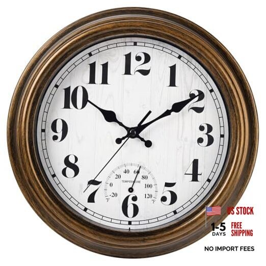 12 Inch Indoor/Outdoor Retro Round Waterproof Wall Clock with Thermometer,