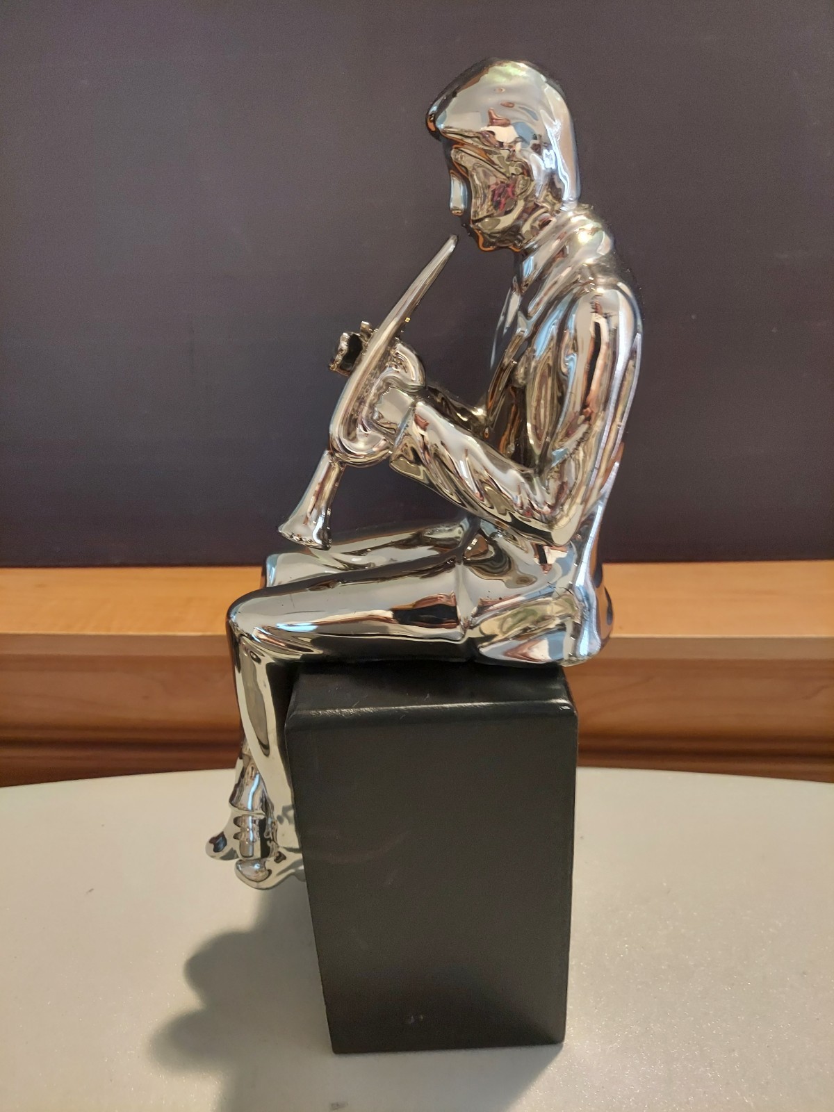 Musician Ceramic Silver Sculpture On A Black Resin Base Box – Trumpet Player is