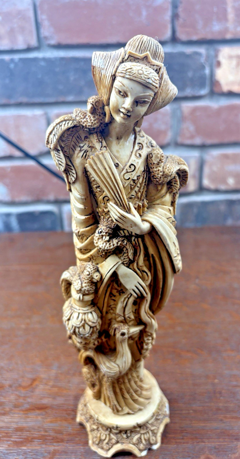 Vintage Resin Asian Woman Statue Figurine Carved Resin 9 inch Art Decor Peacock