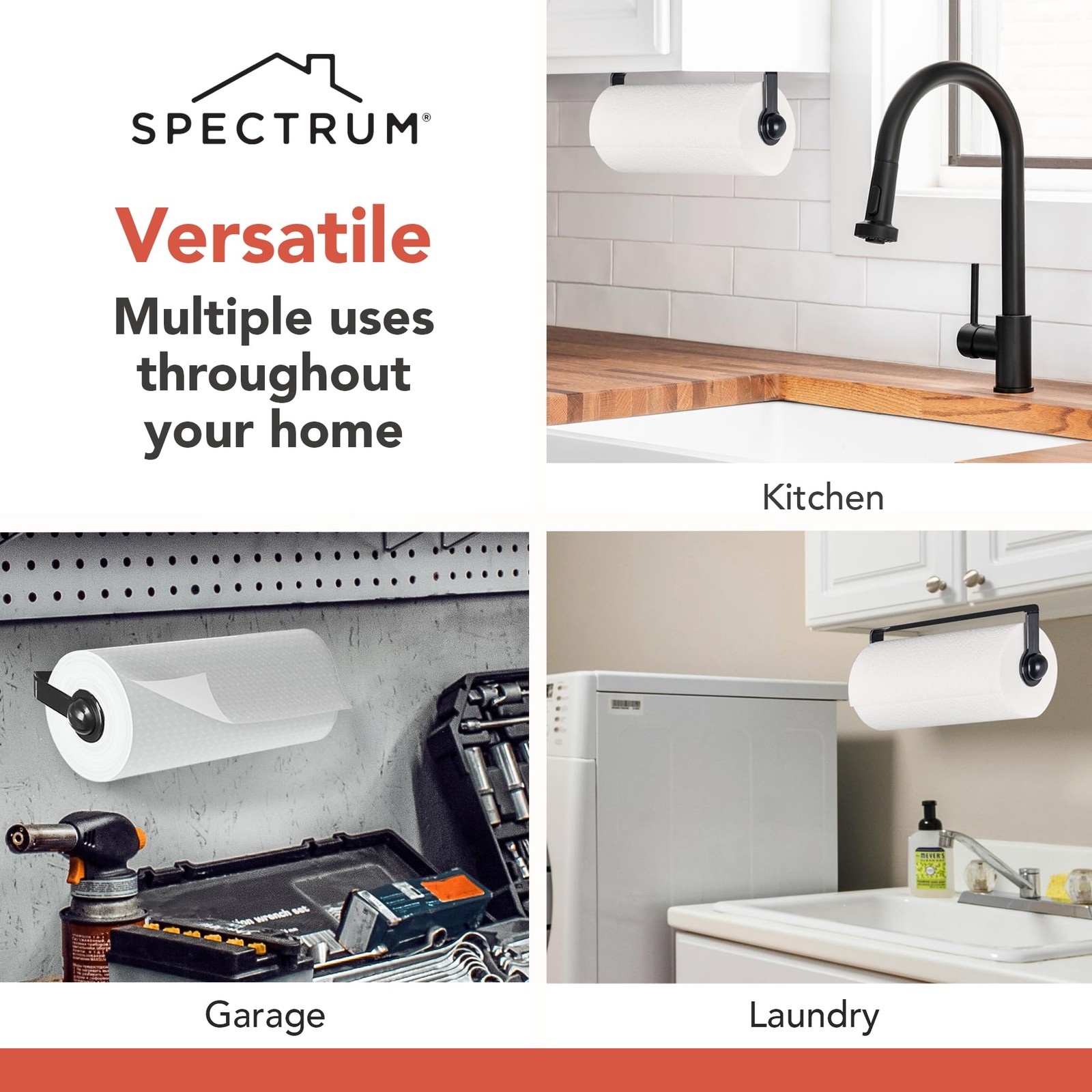 Spectrum Paper Towel Holder for Under Cabinet – Hanging Wall Mount Black