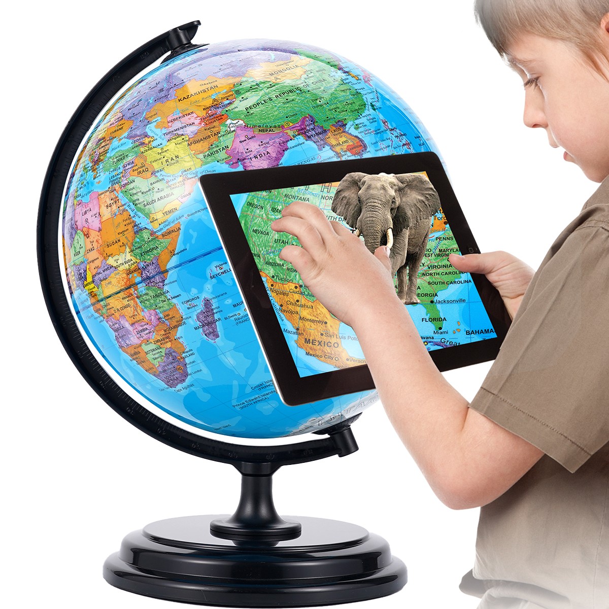 3D AR Large World Globe 10″ w/Stand Ocean Rotating World Map Geography for Gift
