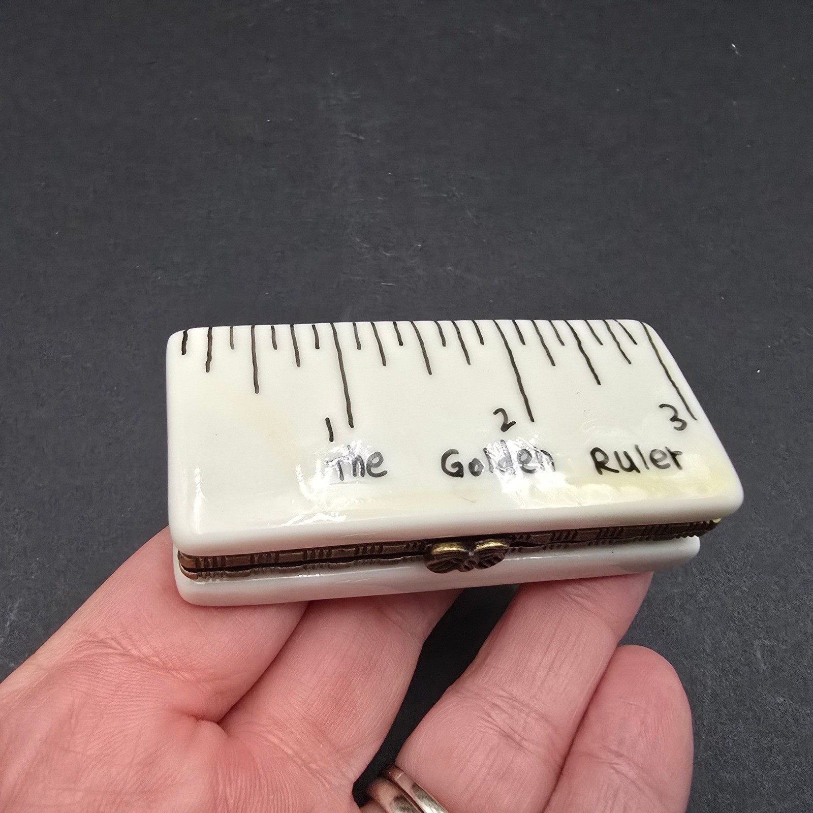 The Golden Ruler Porcelain Trinket Box Butterfly Clasp White Brass Pill Box