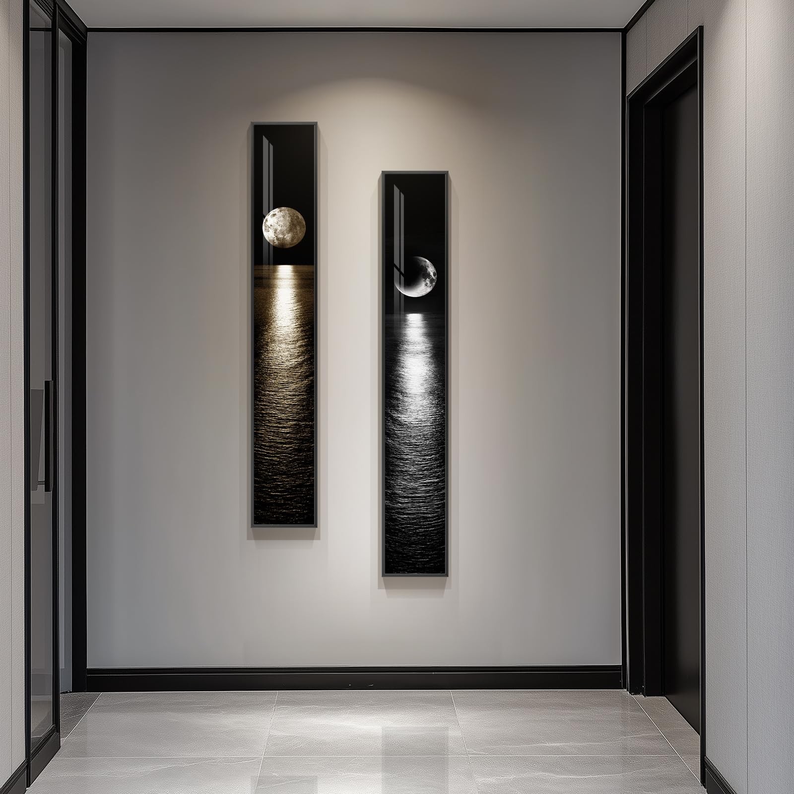 Framed Long Narrow Vertical Moon Wall Art Set of 2, Modern Black White Gold B…