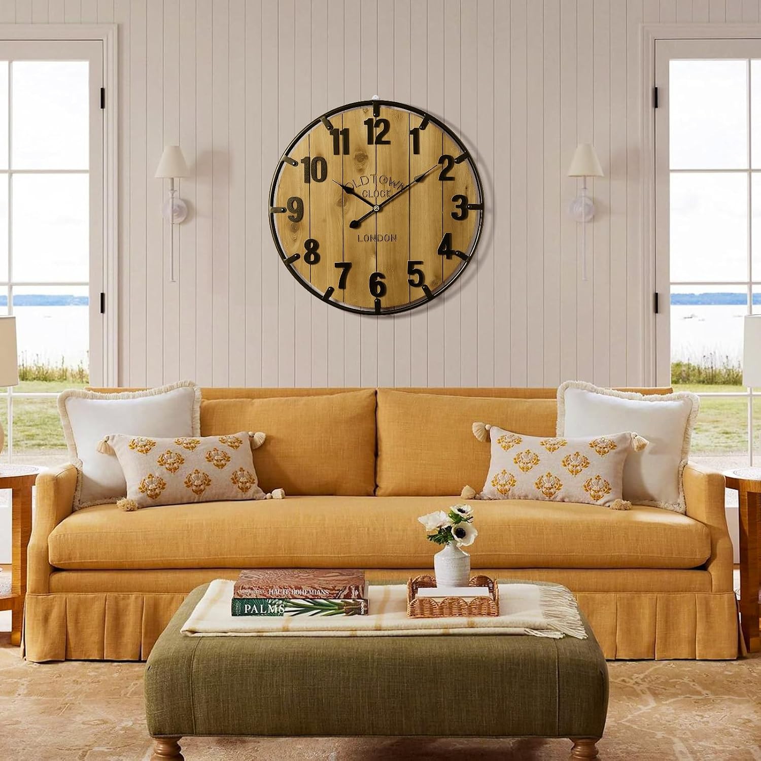 Farmhouse 24 Inch Extra Large Decorative Wall Clock with Metal Circle, Oversi…