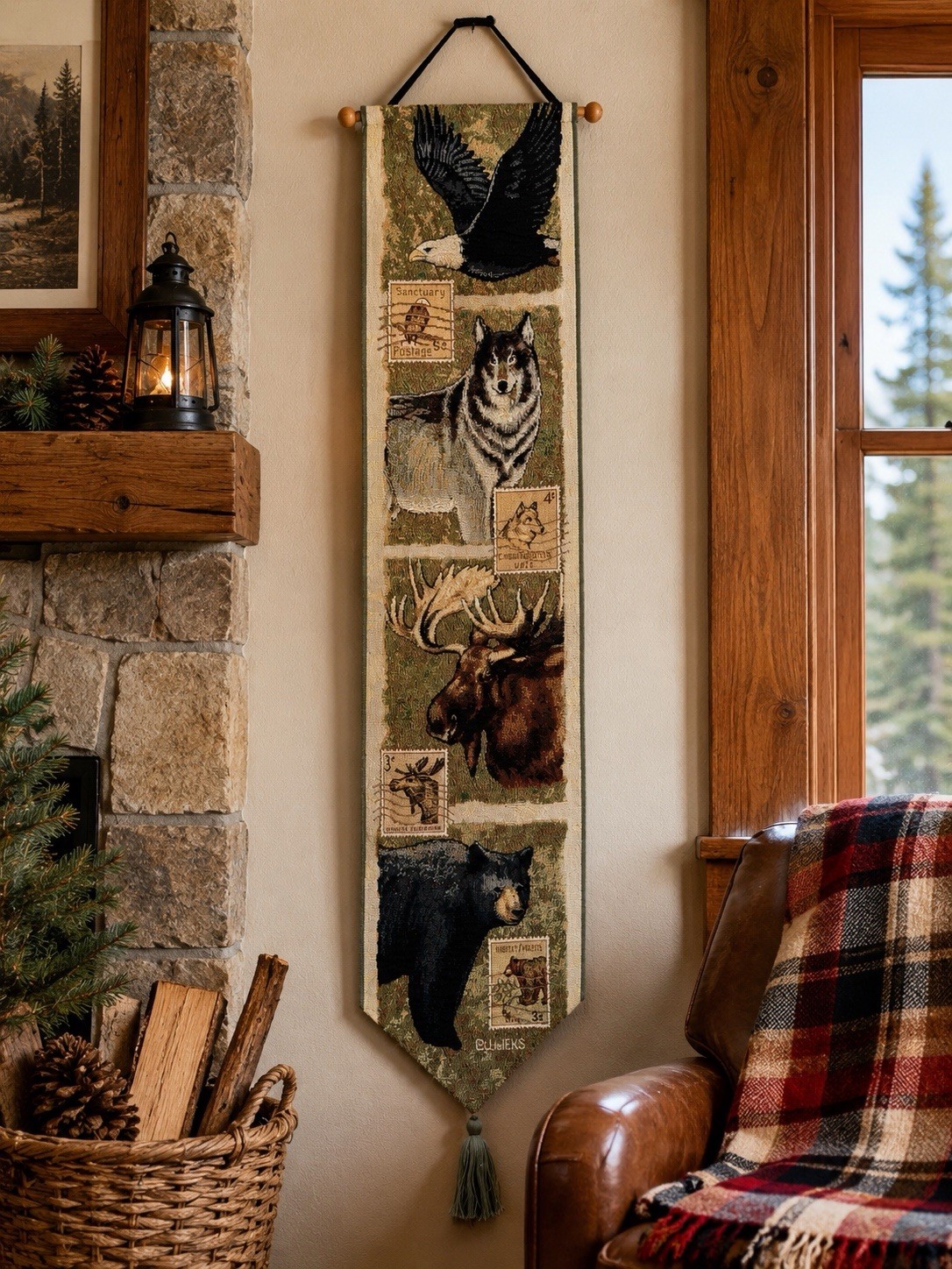 Vintage Wildlife Tapestry Bell Pull Wall Hanging Eagle Wolf Moose Bear Rustic