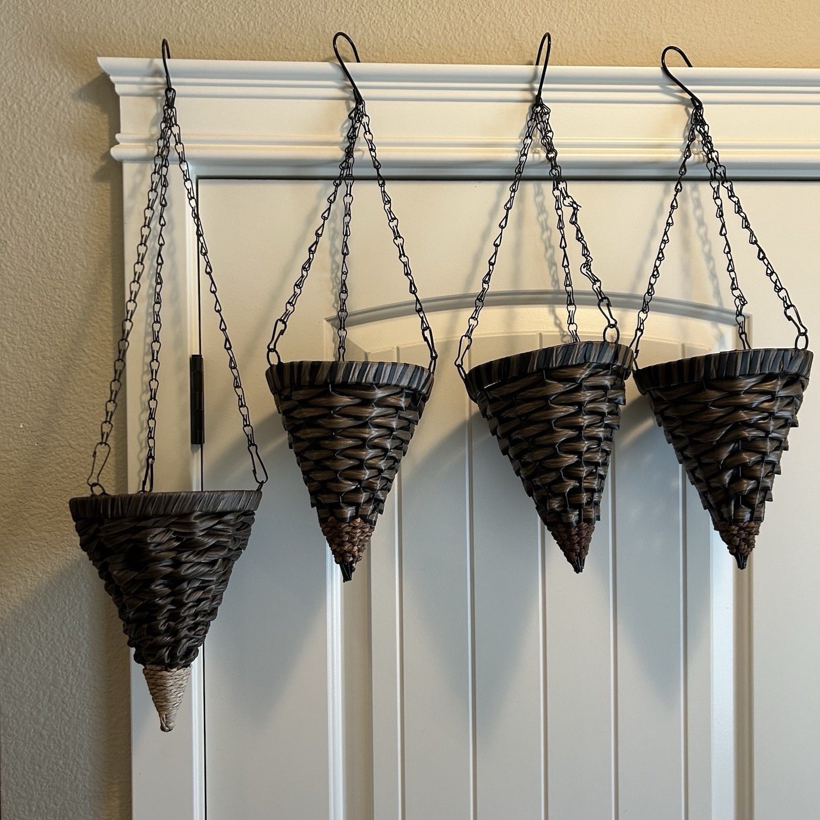 Set of 4 Woven Wicker Rattan Hanging Basket Planters Cone Shaped Rope