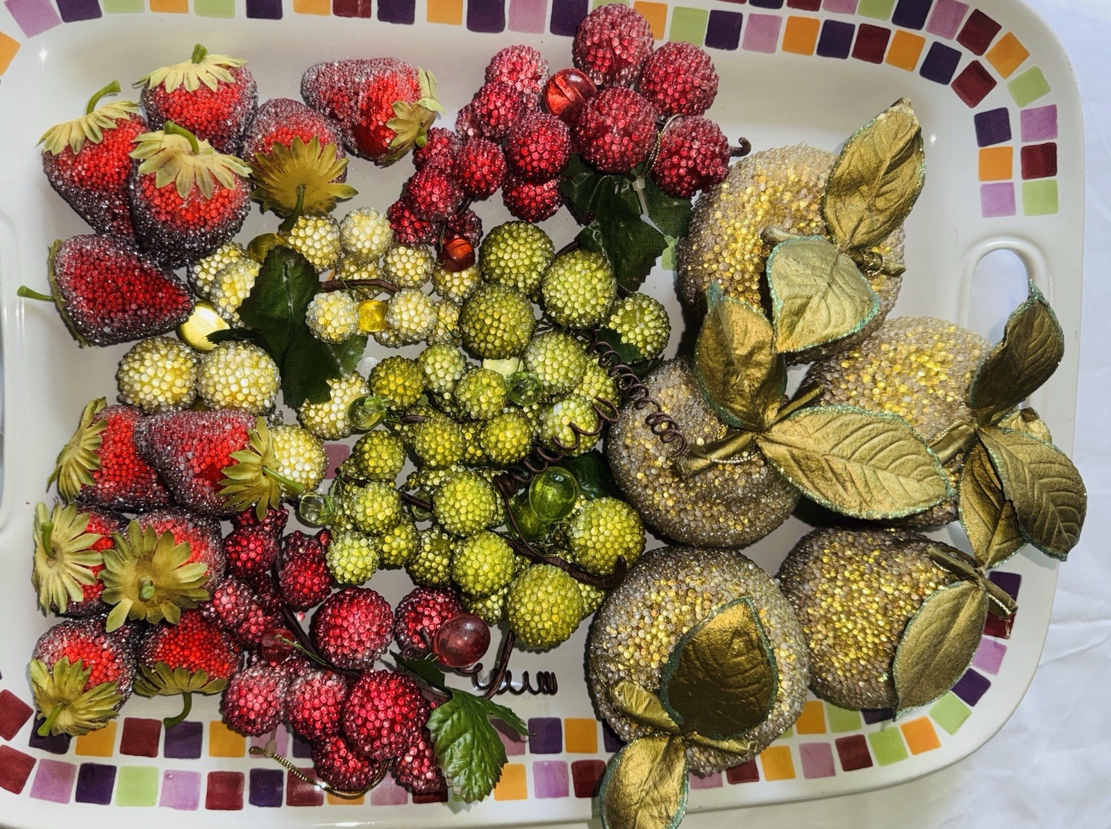 Faux Fruit Lot Beaded Sugar Frosted Apple Pear Strawberry Grapes Bowl Filler