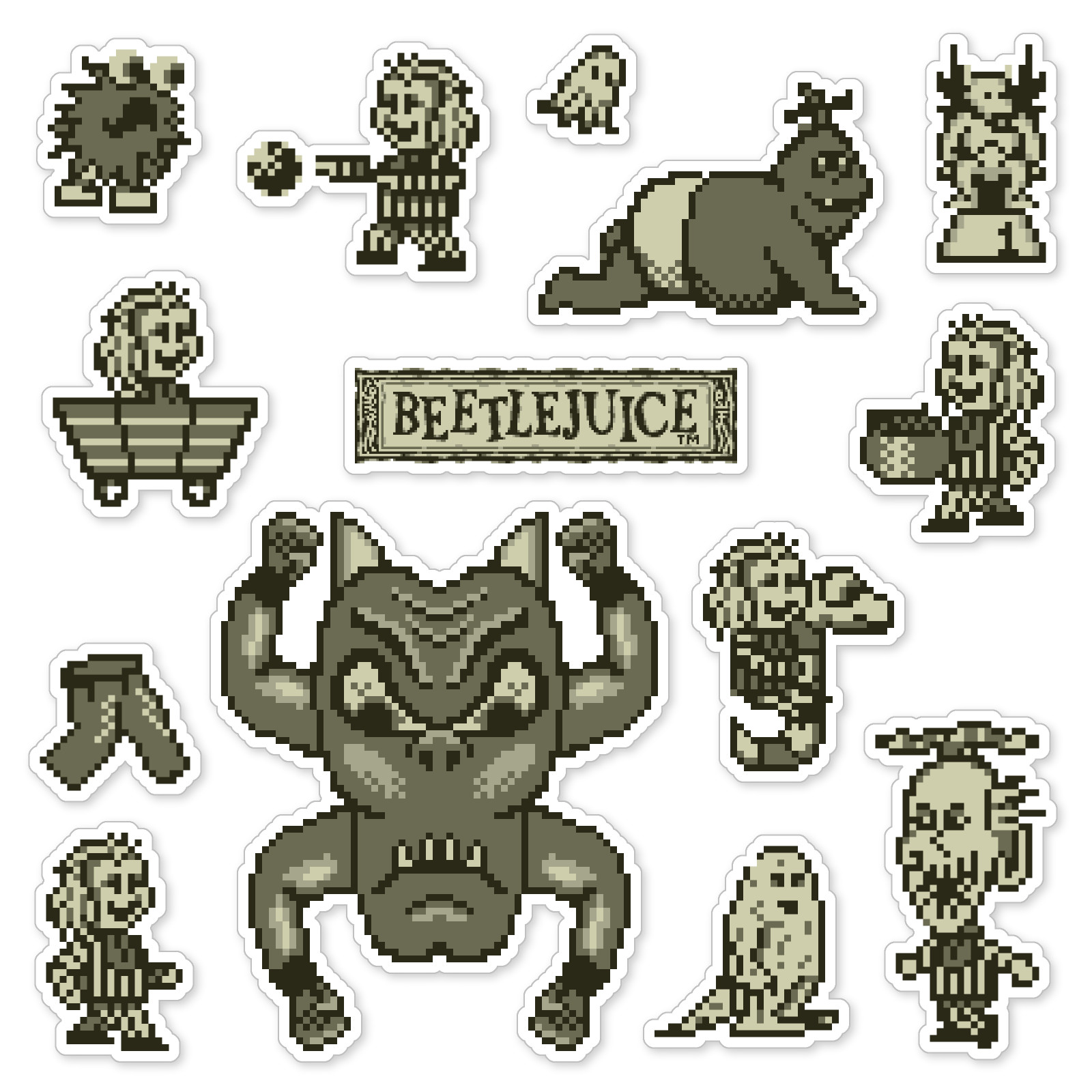 Beetlejuice Stickers Monochrome Nintendo Game Boy Pixel Art 14 Sticker Pack