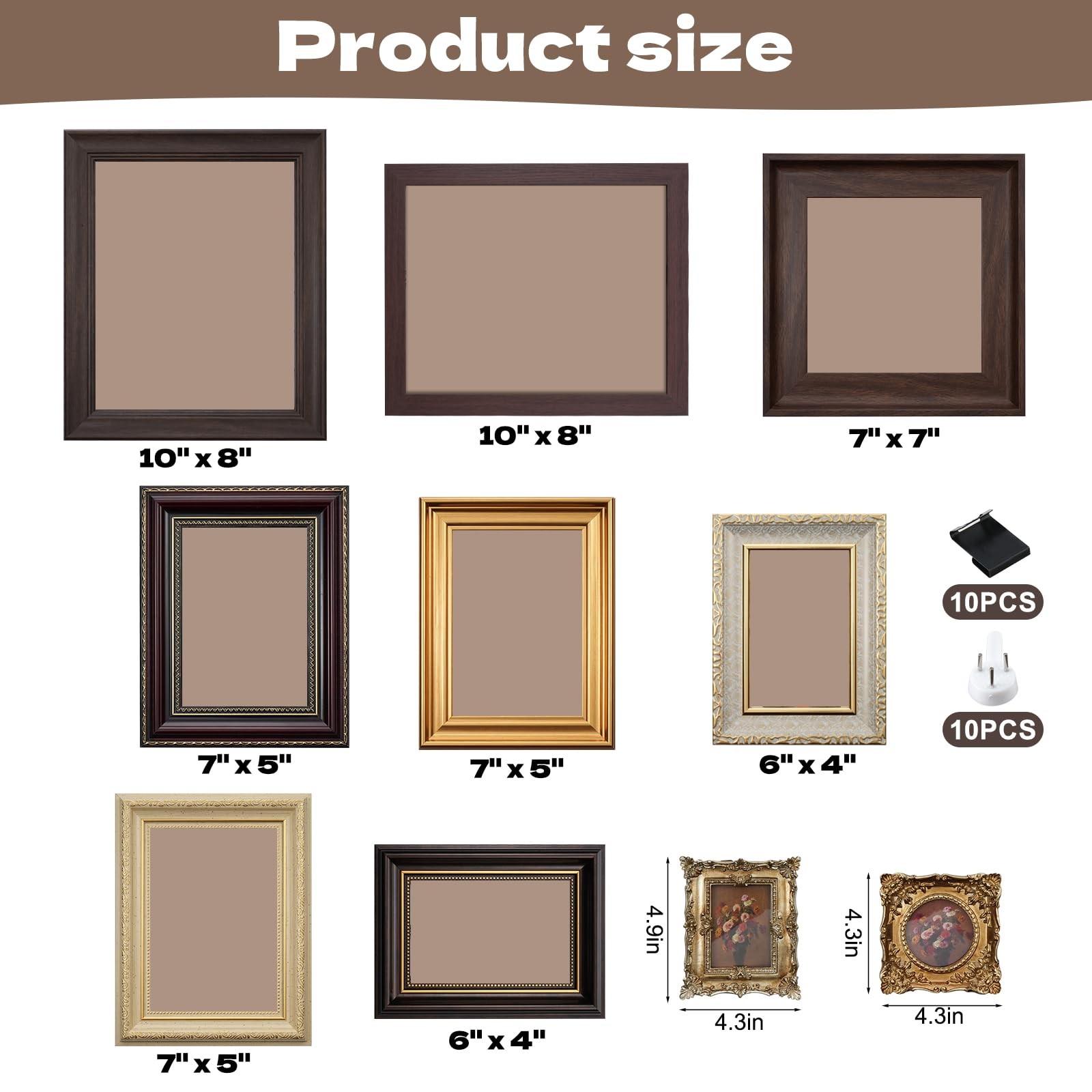 10 Pack Vintage Picture Frames for 10 x 8 inches to 3 x 2 inches, Classic