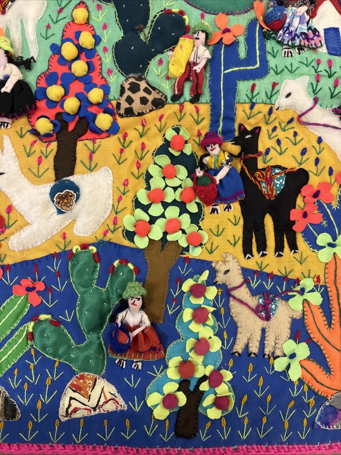 Handmade Peruvian Arpillera 3D Applique Wall Hanging 18×19 Andean Village Scene