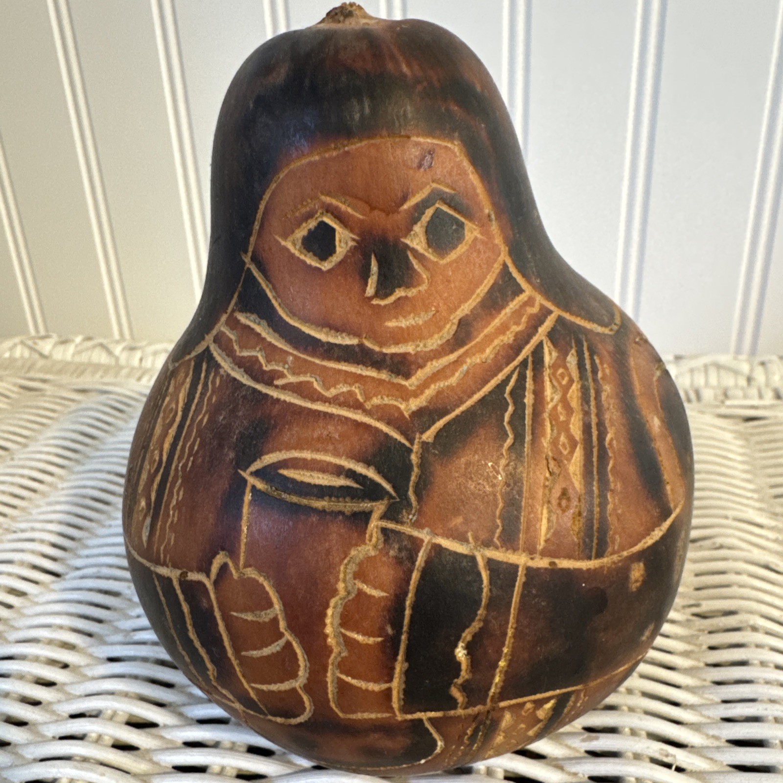 Vintage Peruvian Mate Burilado Carved Gourd Folk Art Figure Handcrafted Peru