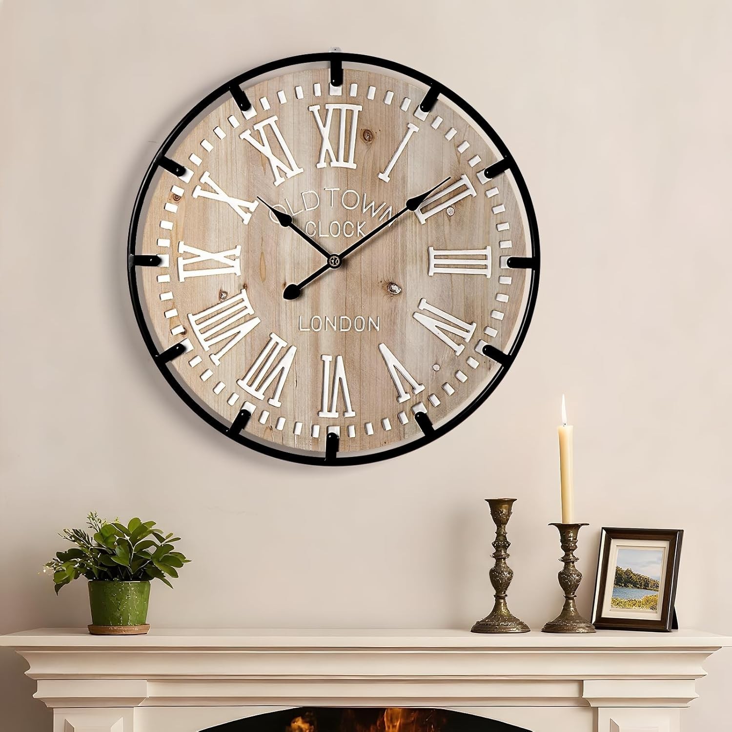 24-Inch Farmhouse Analog Wall Clock – Large Roman Numerals, Silent Operation