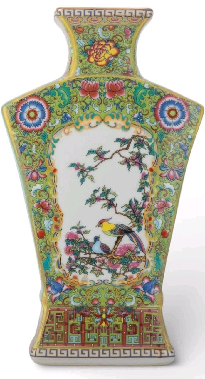CHINESE GREEN FAN BIRDS FLORAL PORCELAIN PETITE VASE-10.25″H