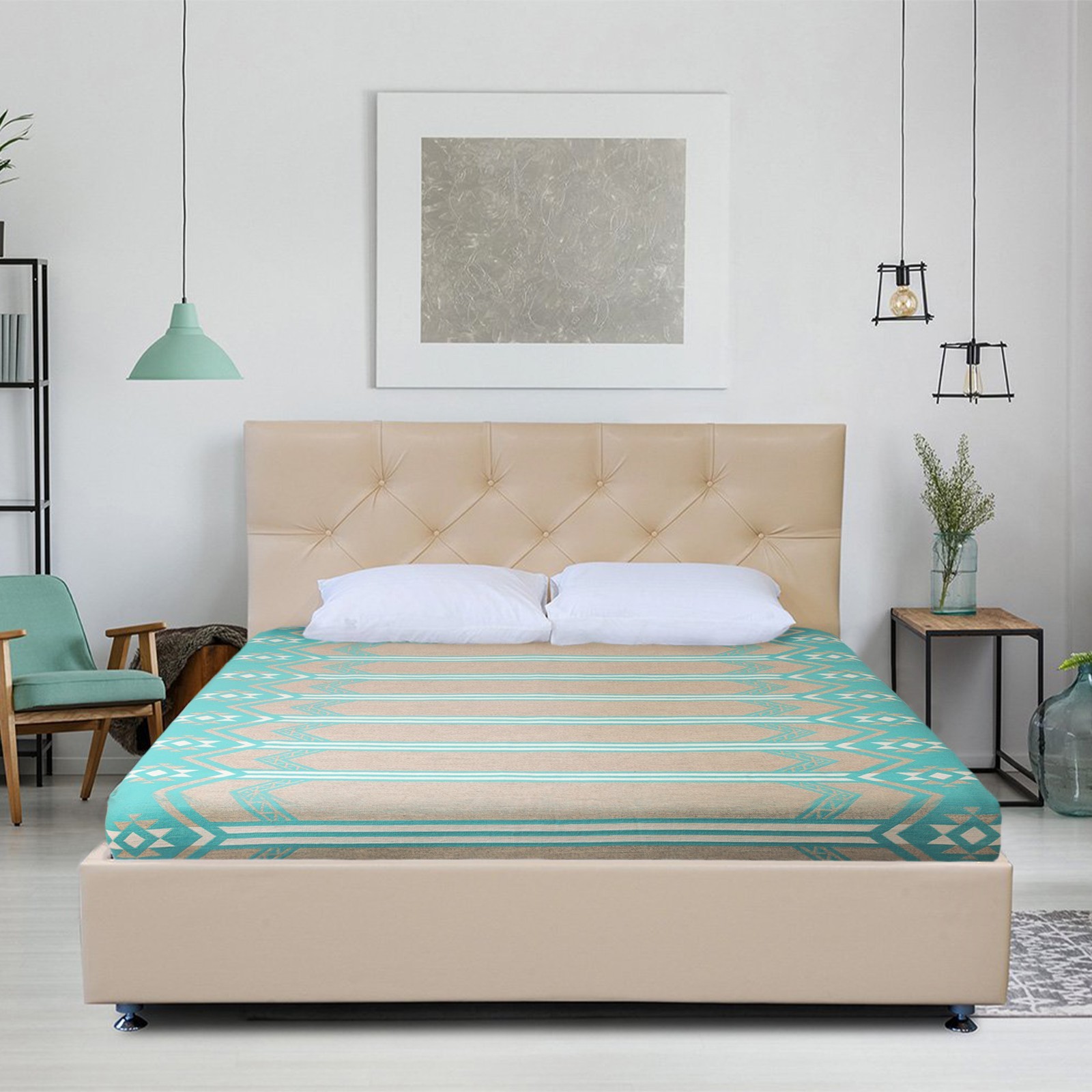 Handwoven Soft & Warm Heavy Thick Llama Wool Blanket – Turquoise/Sand 95×79 in