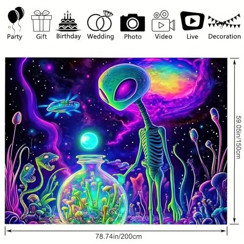 Glow in the Dark Blacklight Tapestry 78×59″ – Neon Alien UFO Cosmic Wall Art
