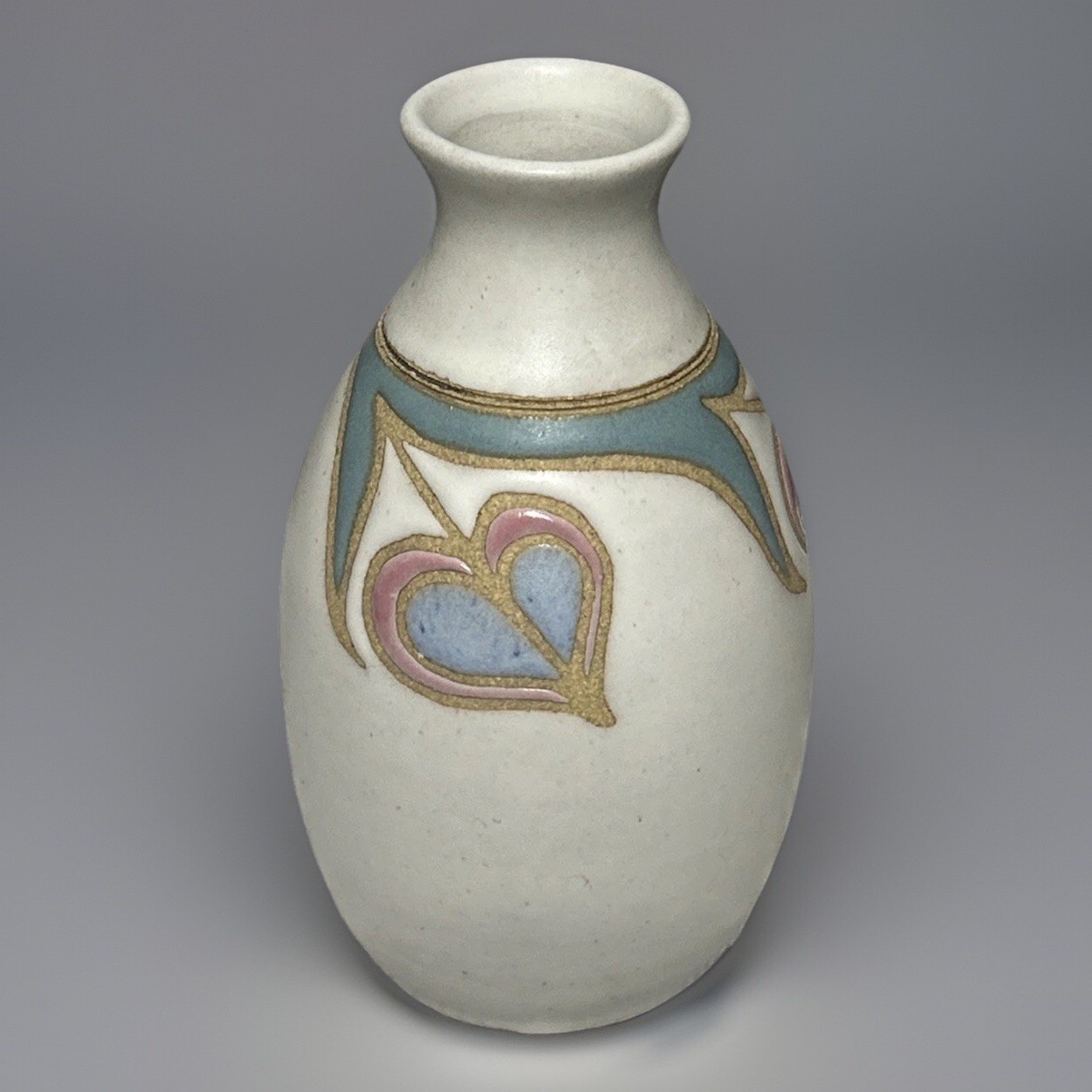 Hand Crafted Ceramic Vase Blue Pink Heart Design Matte Glaze Unique Art Pottery